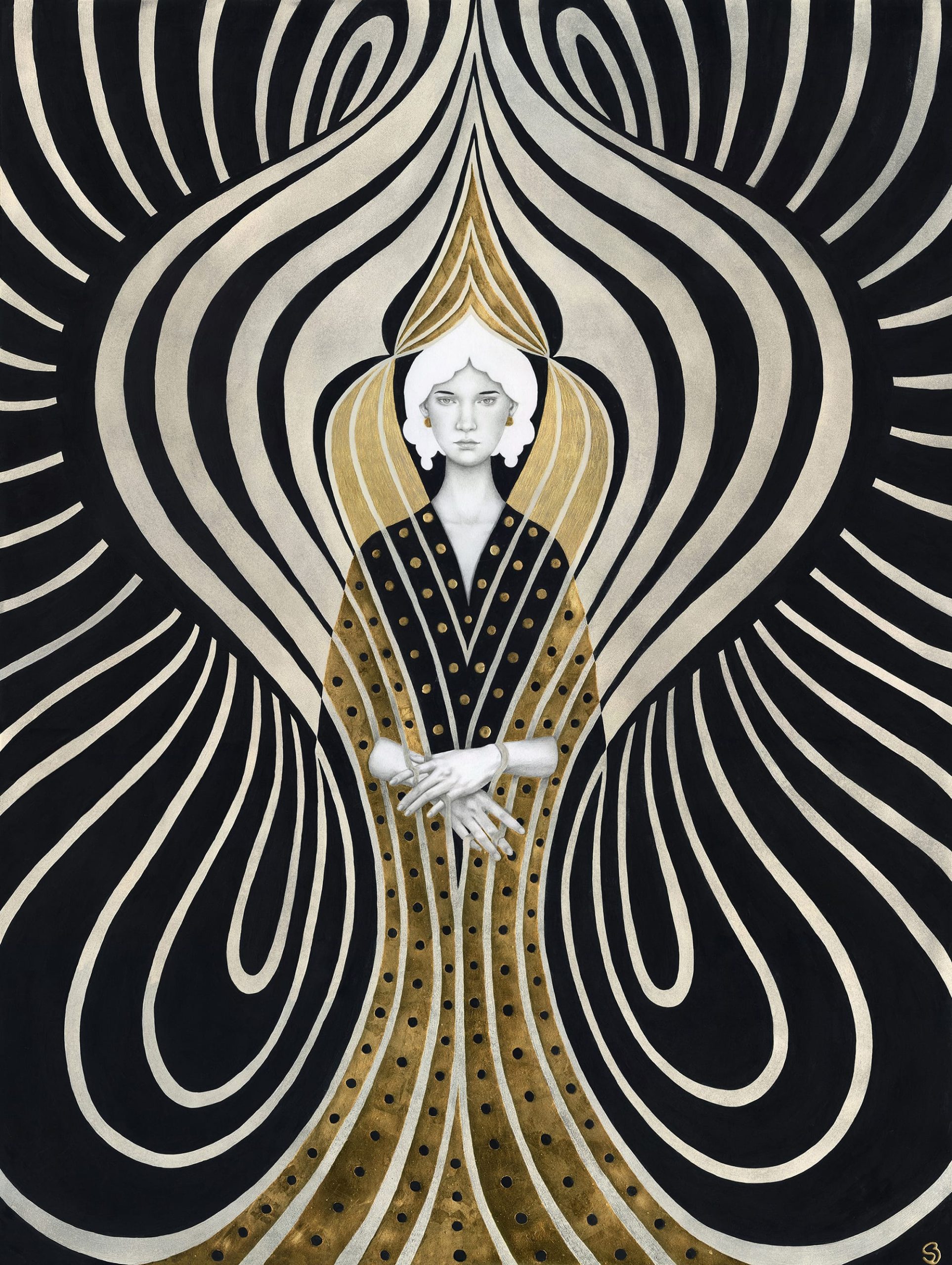 a stylish painting by Sofia Bonati of a woman surrounded by symmetric geometric lines
