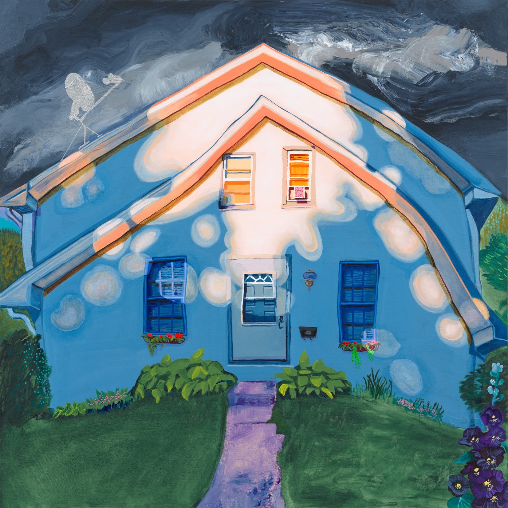 a square-format painting by Gabrielle Garland of a slightly wonky white house with sun speckled through the trees
