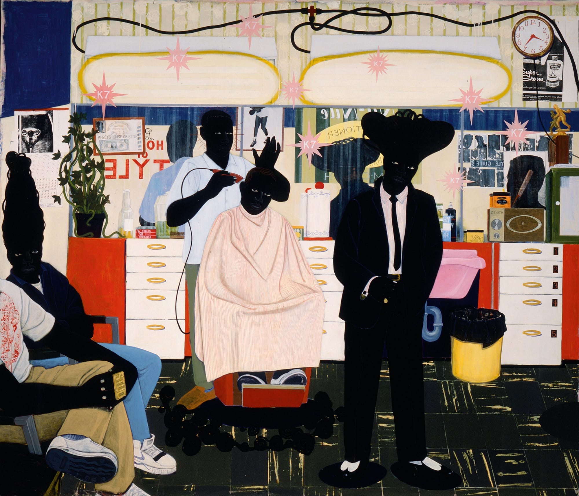 a painting by Kerry James Marshall of Black figures in a barber shop