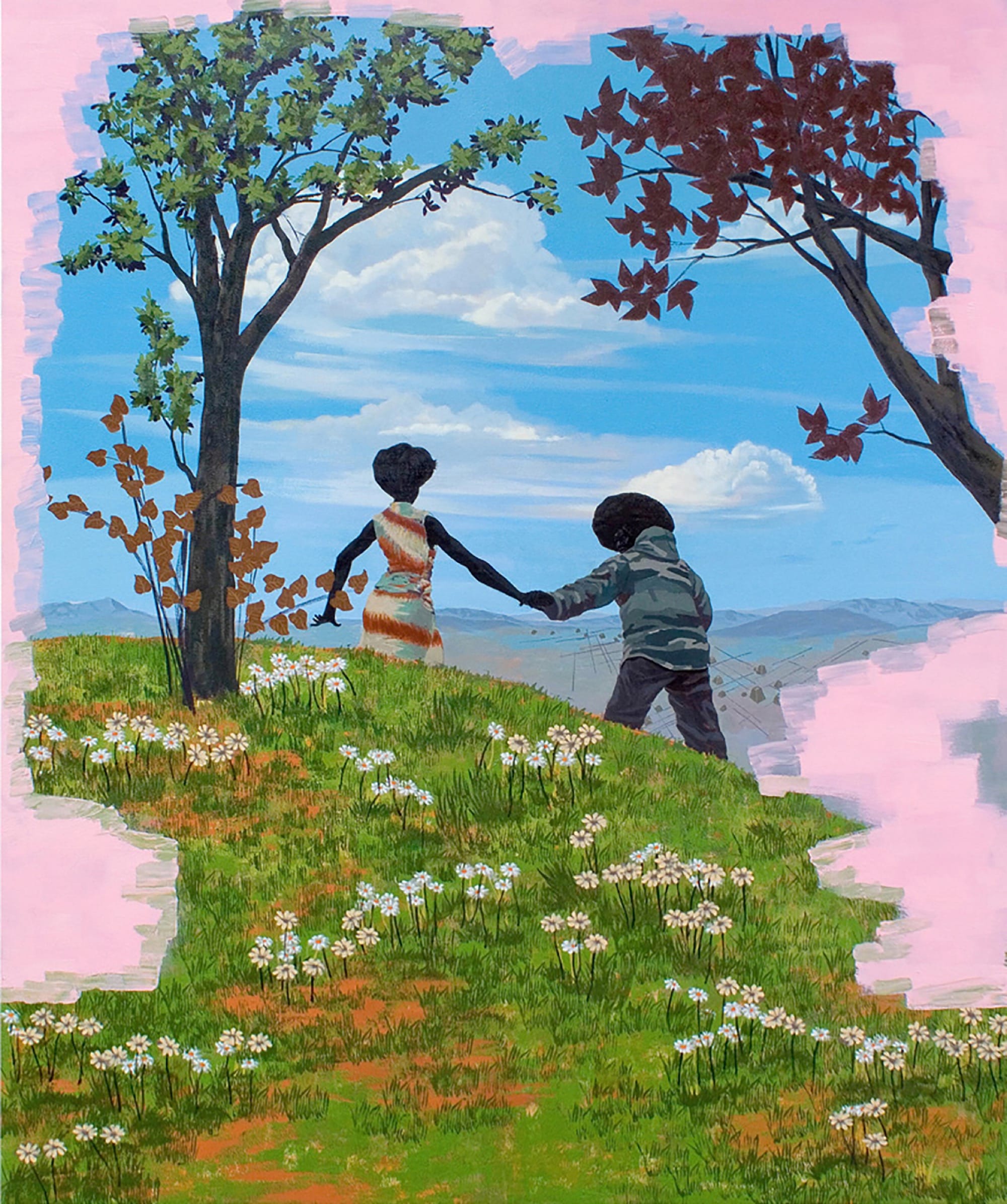 a painting by Kerry James Marshall of two Black figures walking through a bucolic landscape, with the composition surrounded by pink, painterly scribbles