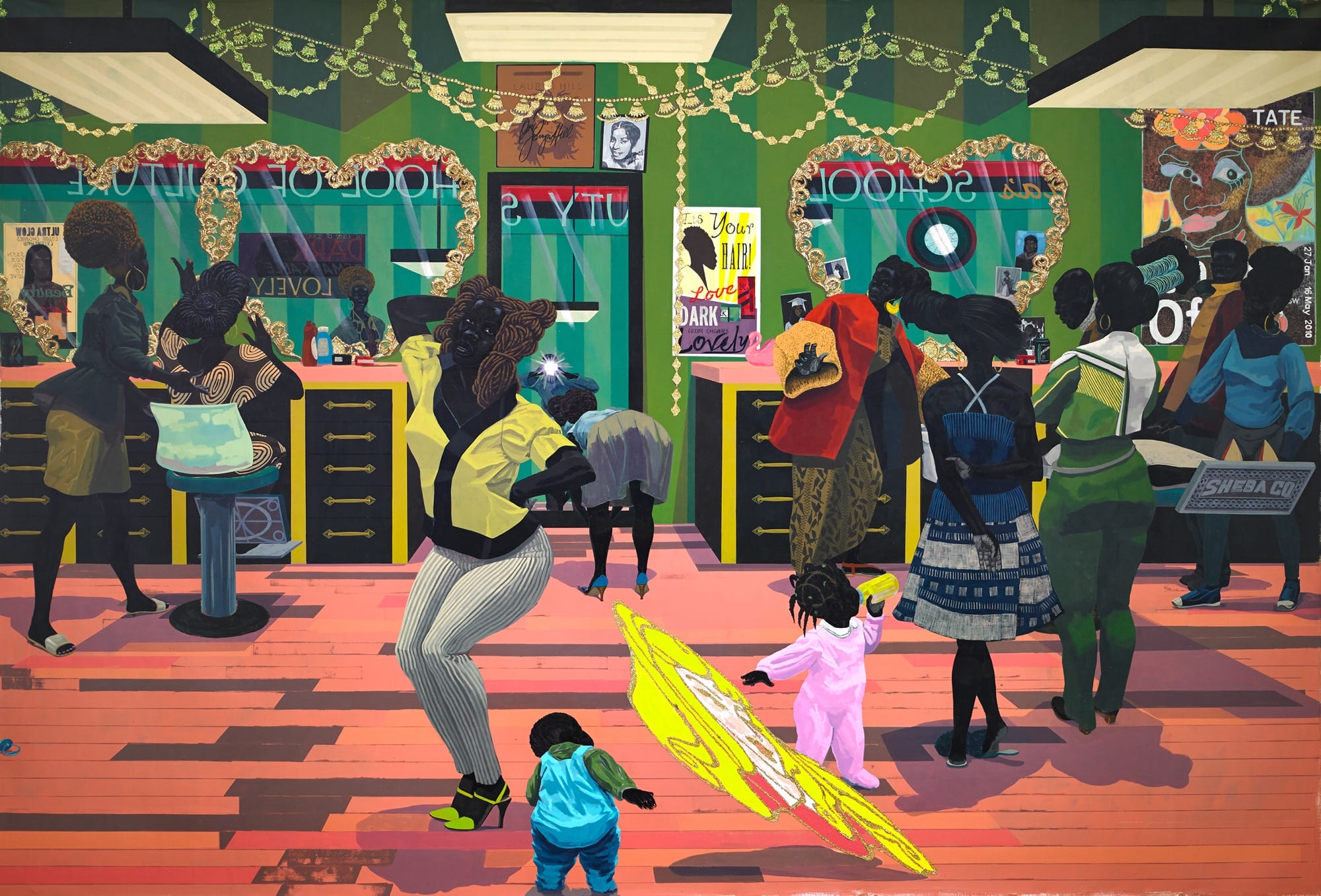 a painting by Kerry James Marshall of a vibrant hair salon with Black figures of various ages shown getting their hair done, dancing, and talking