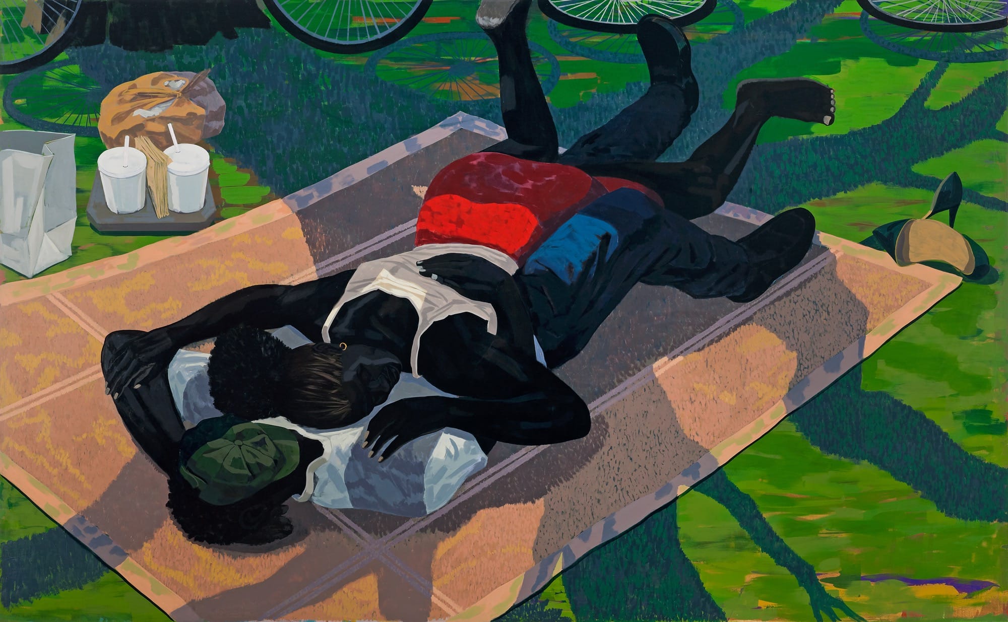 a painting by Kerry James Marshall of two Black figures embracing on a blanket on a green lawn