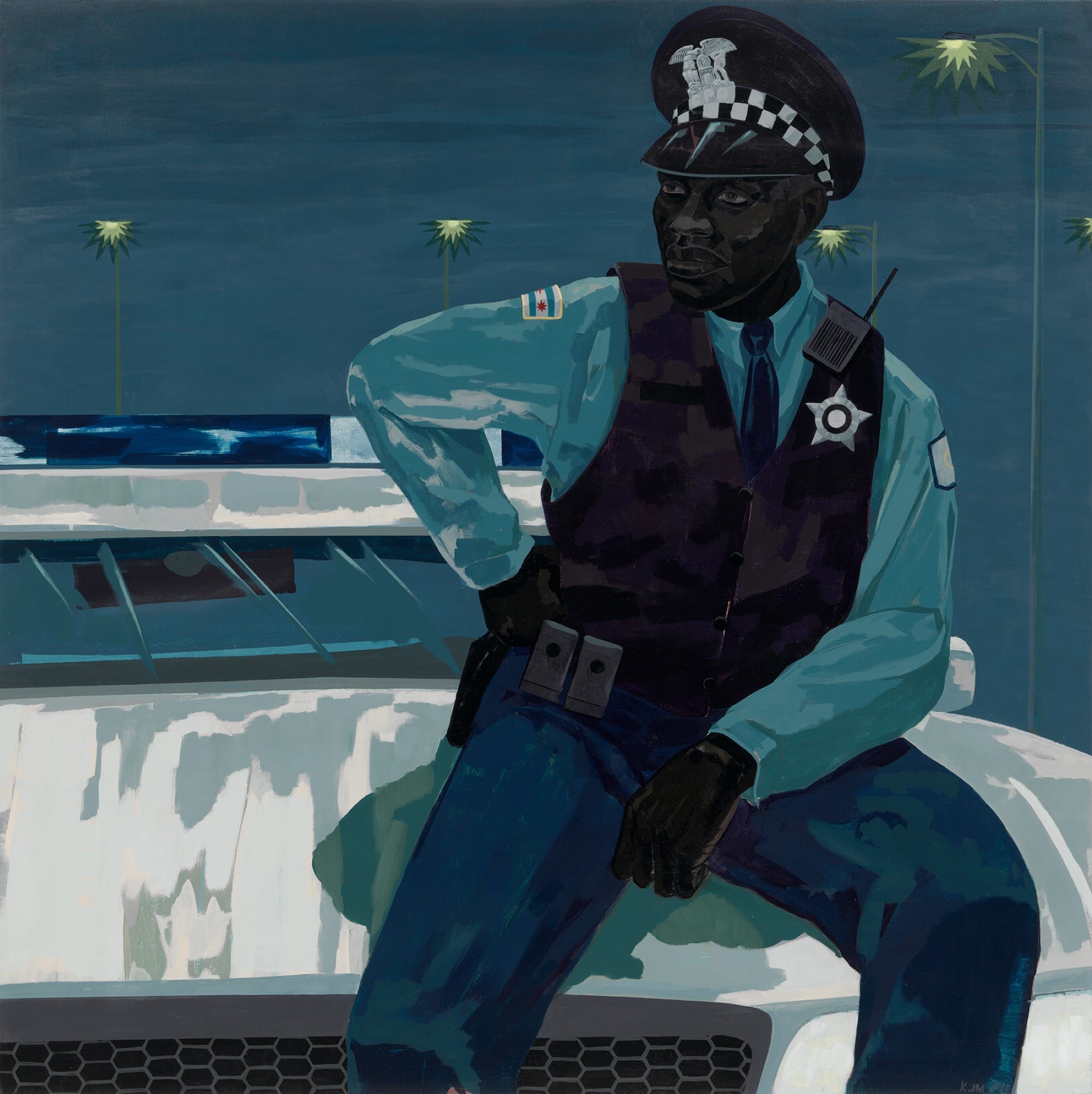 a painting by Kerry James Marshall of a Black police officer