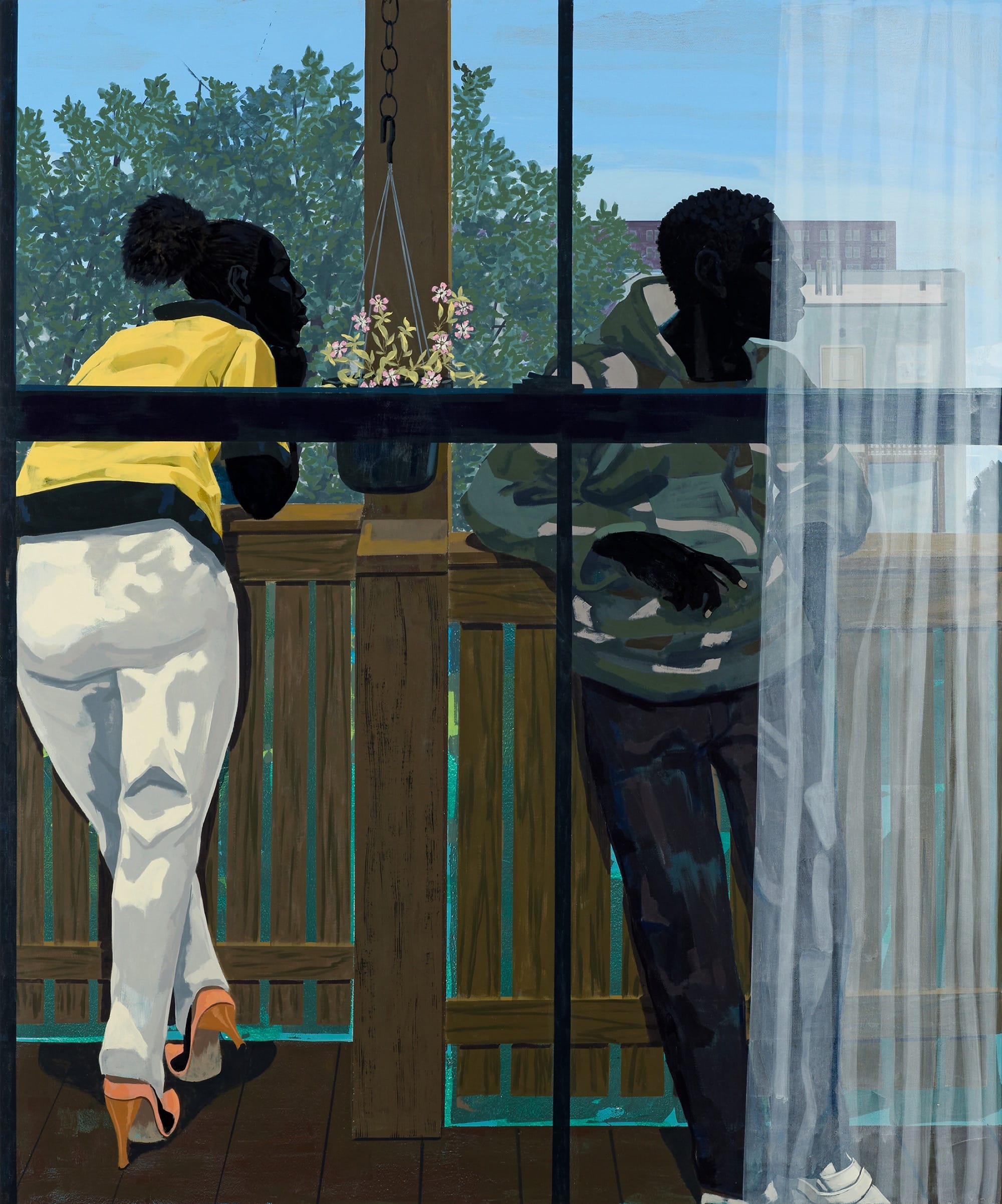 a painting by Kerry James Marshall of two Black figures on a porch, viewed through glass