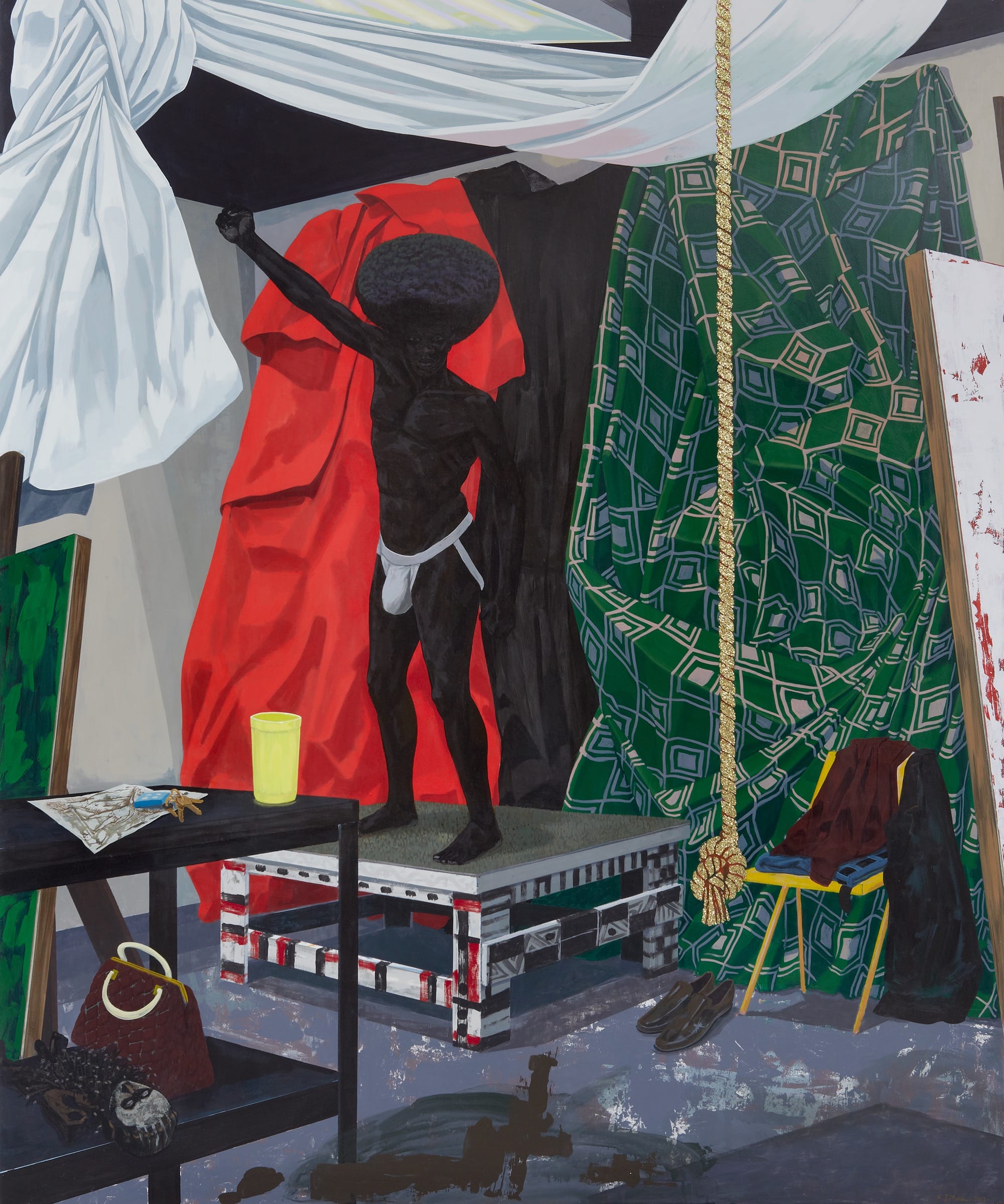 a painting by Kerry James Marshall of a Black man standing on a small wooden platform, surrounded by colorful patterned sheets and blankets