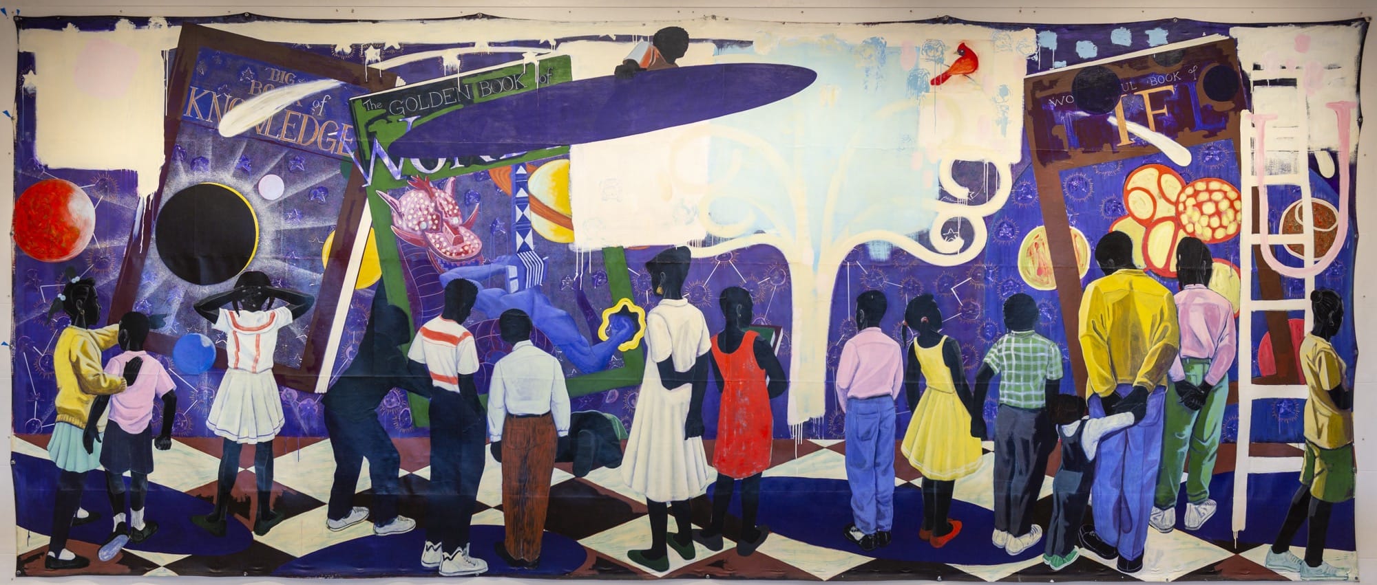 a panoramic painting by Kerry James Marshall of numerous Black children facing a mural, shown with their backs to the viewer
