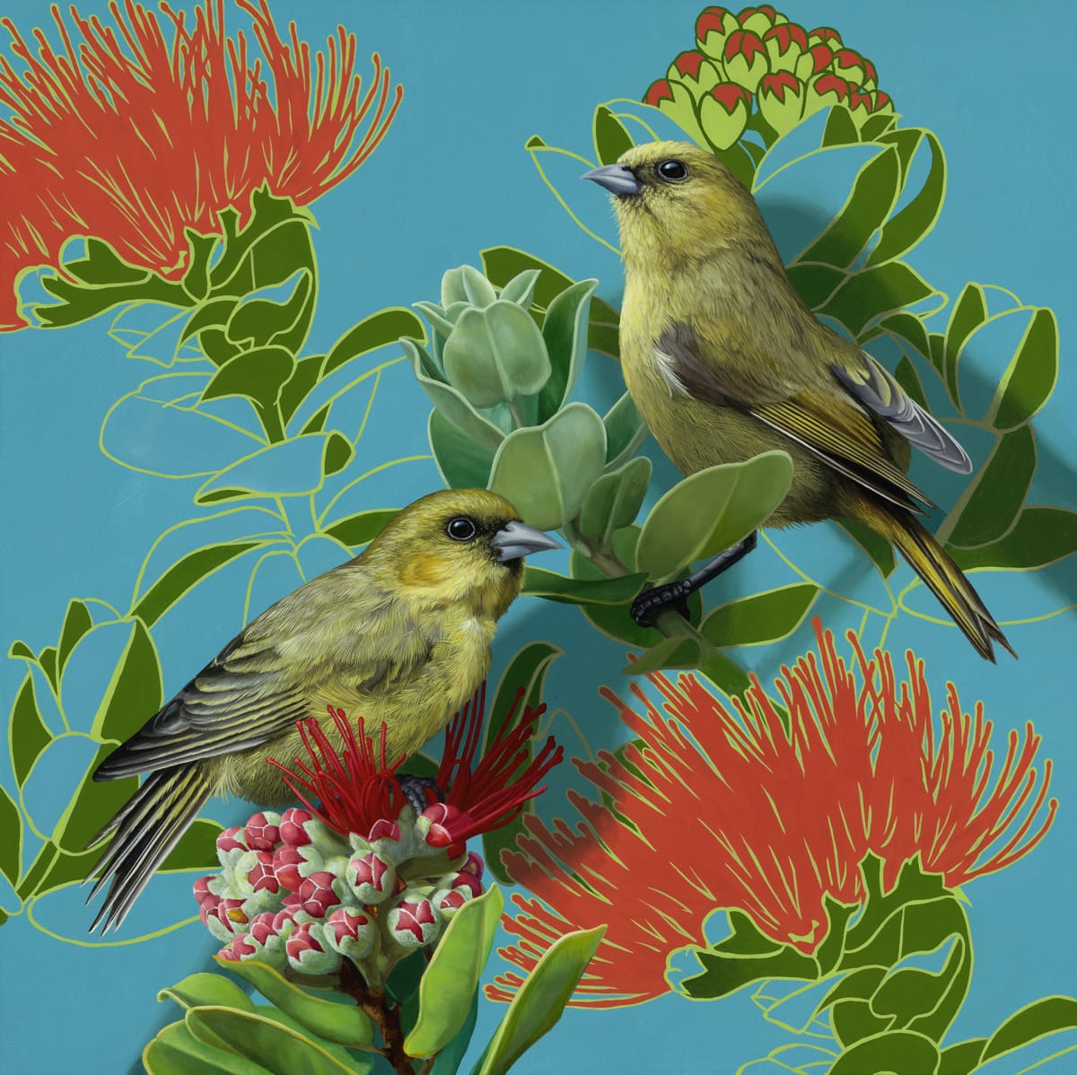 two yellow birds on more graphic red-orange flowers