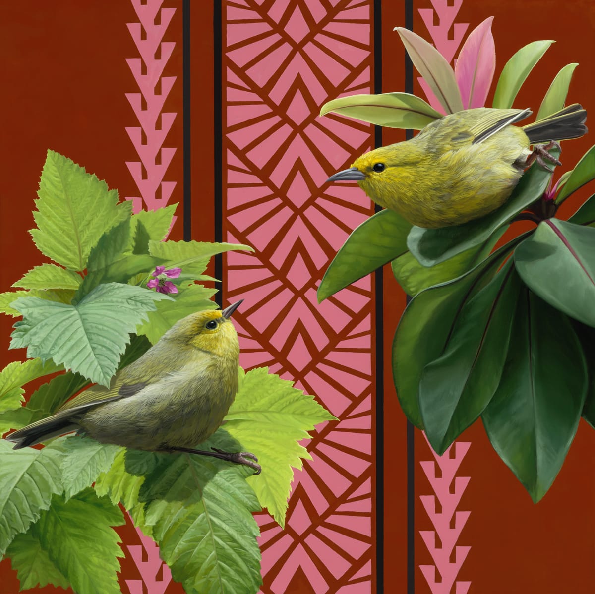 two yellow and gray birds perched in leaf clusters against a red and pink patterned backdrop