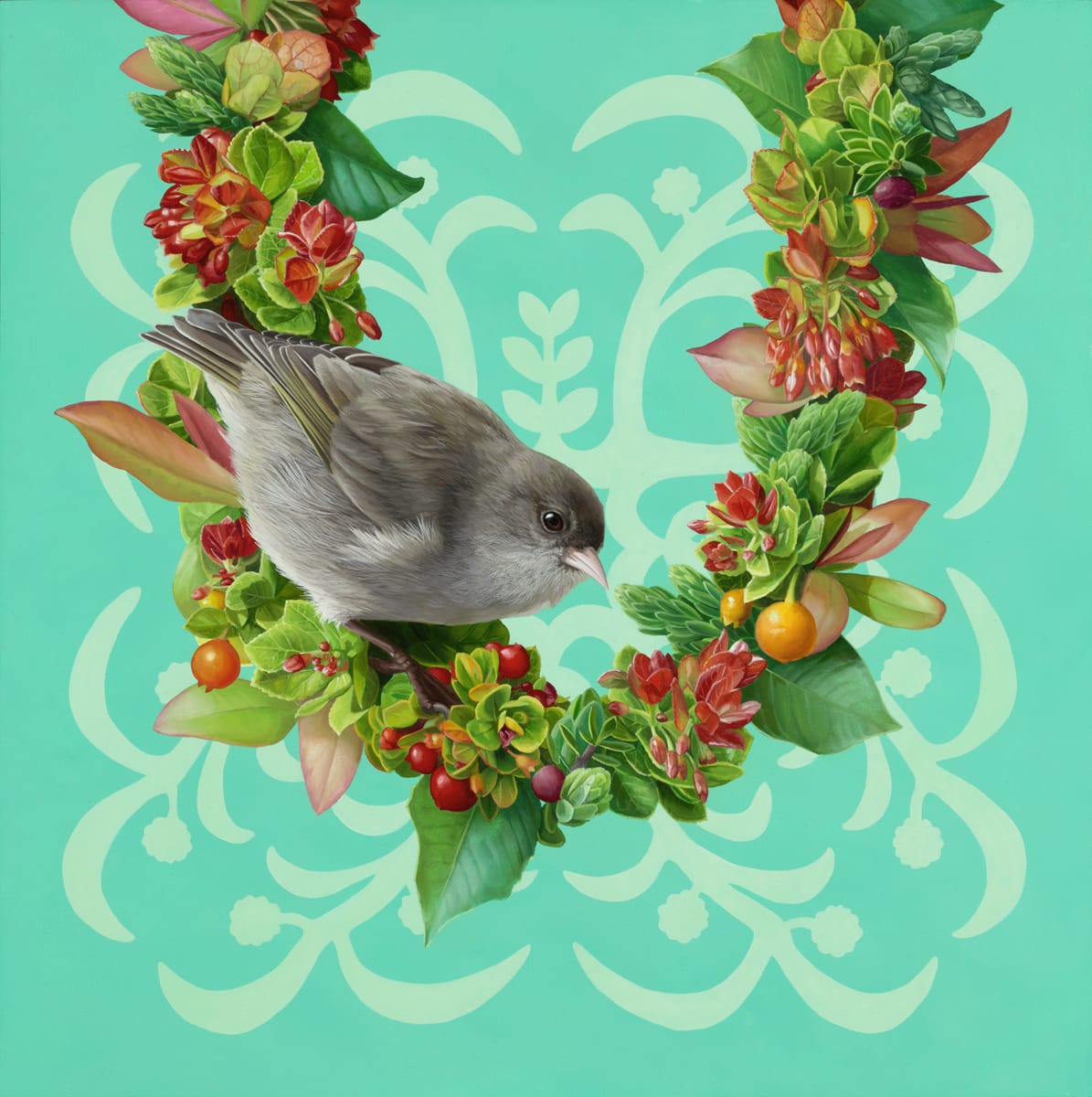 a gray bird on a floral lei