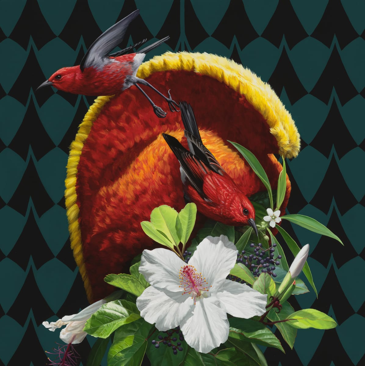 a painting of two red and black birds with a white flower on a blue and black patterned backdrop