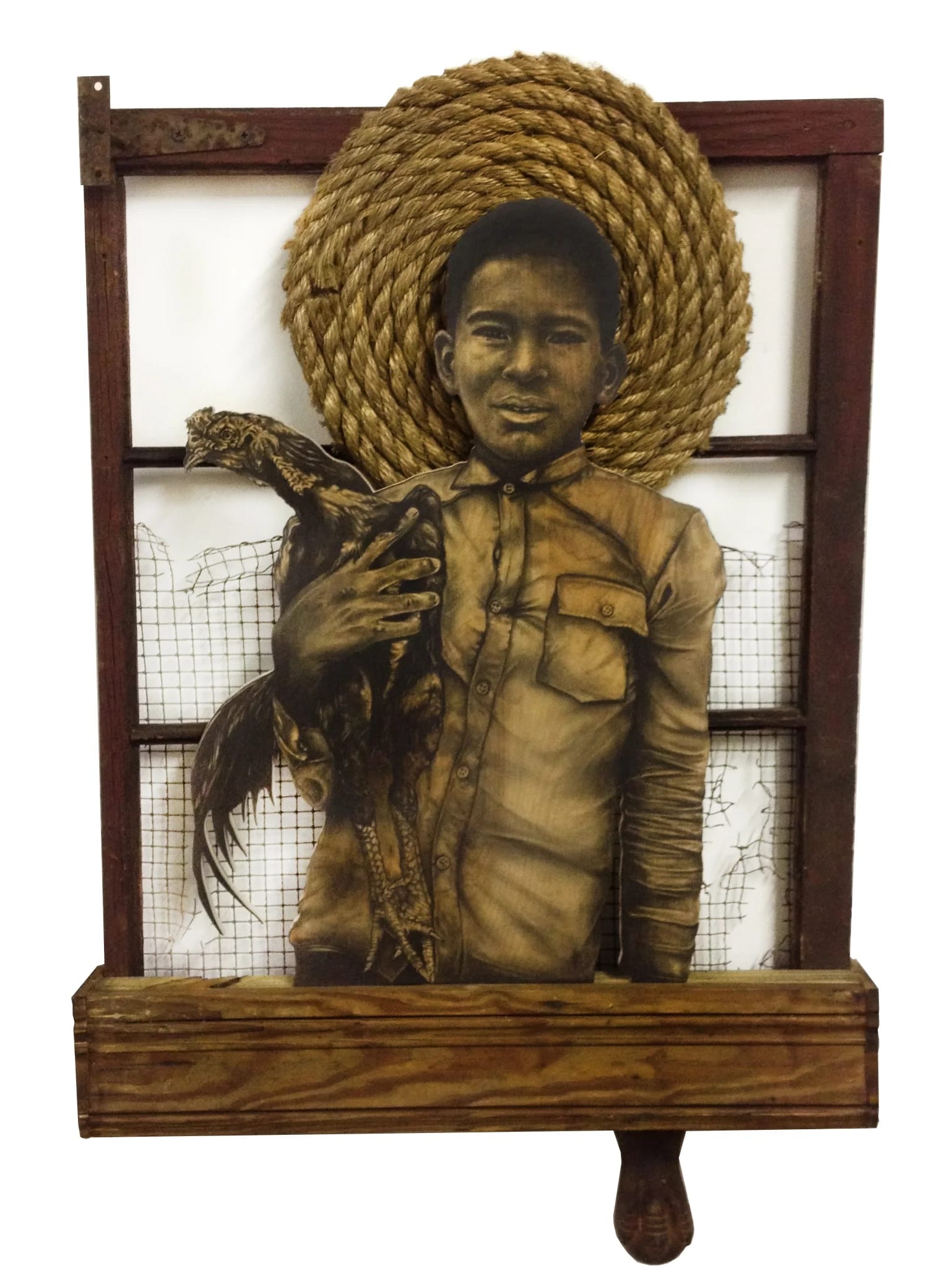 a portrait of a child with a hat holding a chicken with a wooden window frame behidn him