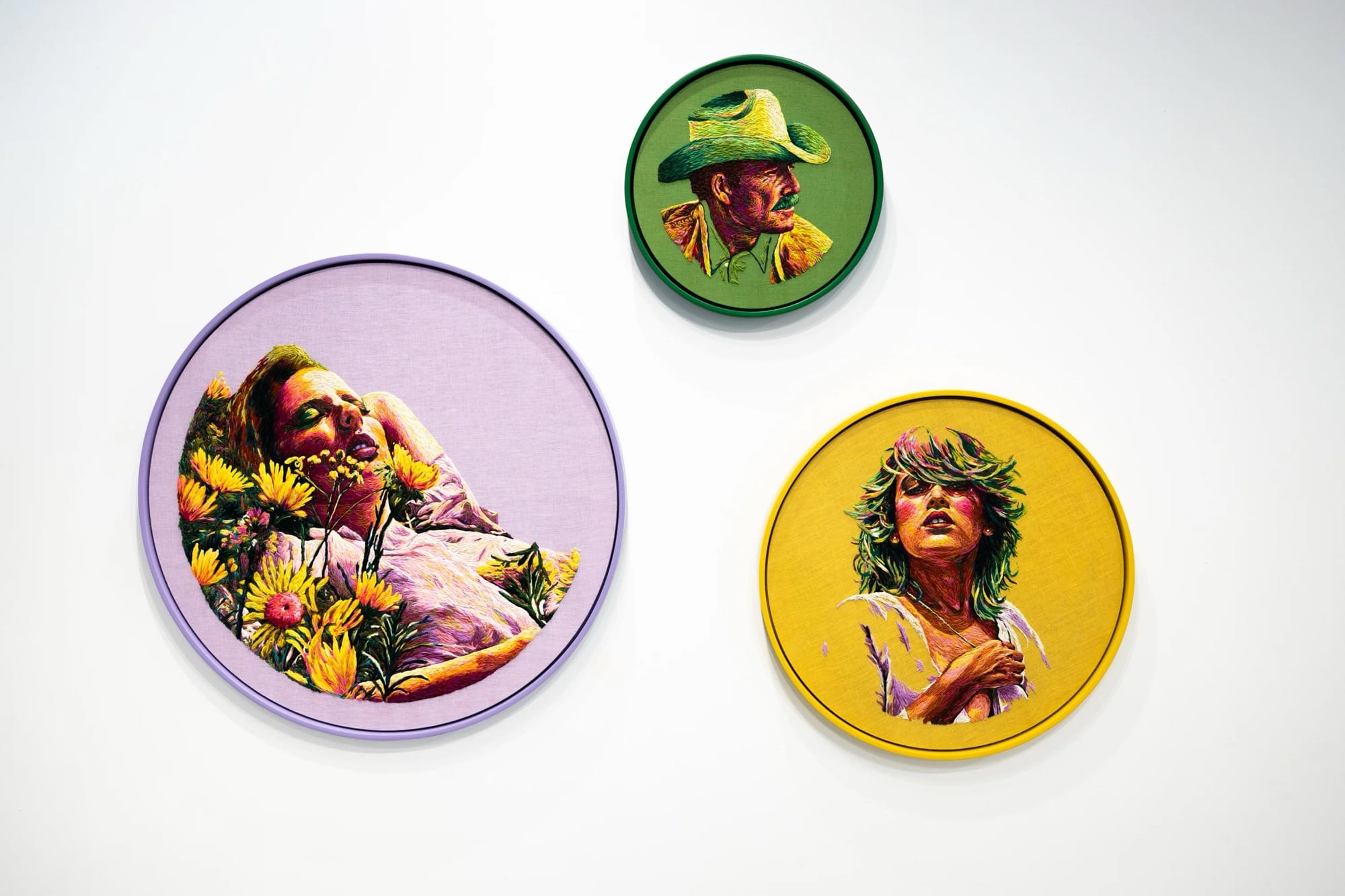 three round embroidery pieces by Danielle Clough