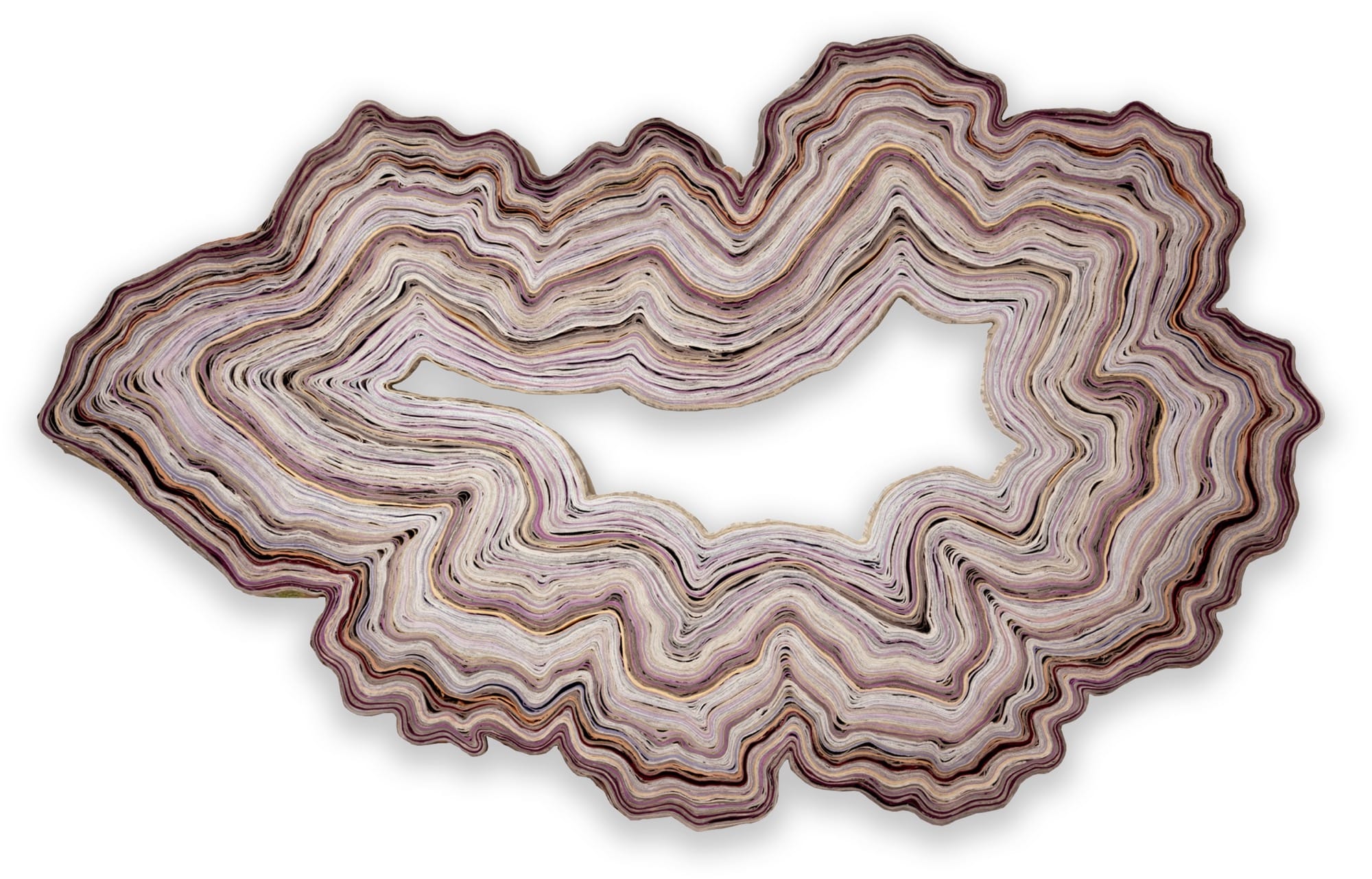 an abstract wall artwork by Jessica Drenk using repurposed junk mail in curving forms that loosely resemble an agate