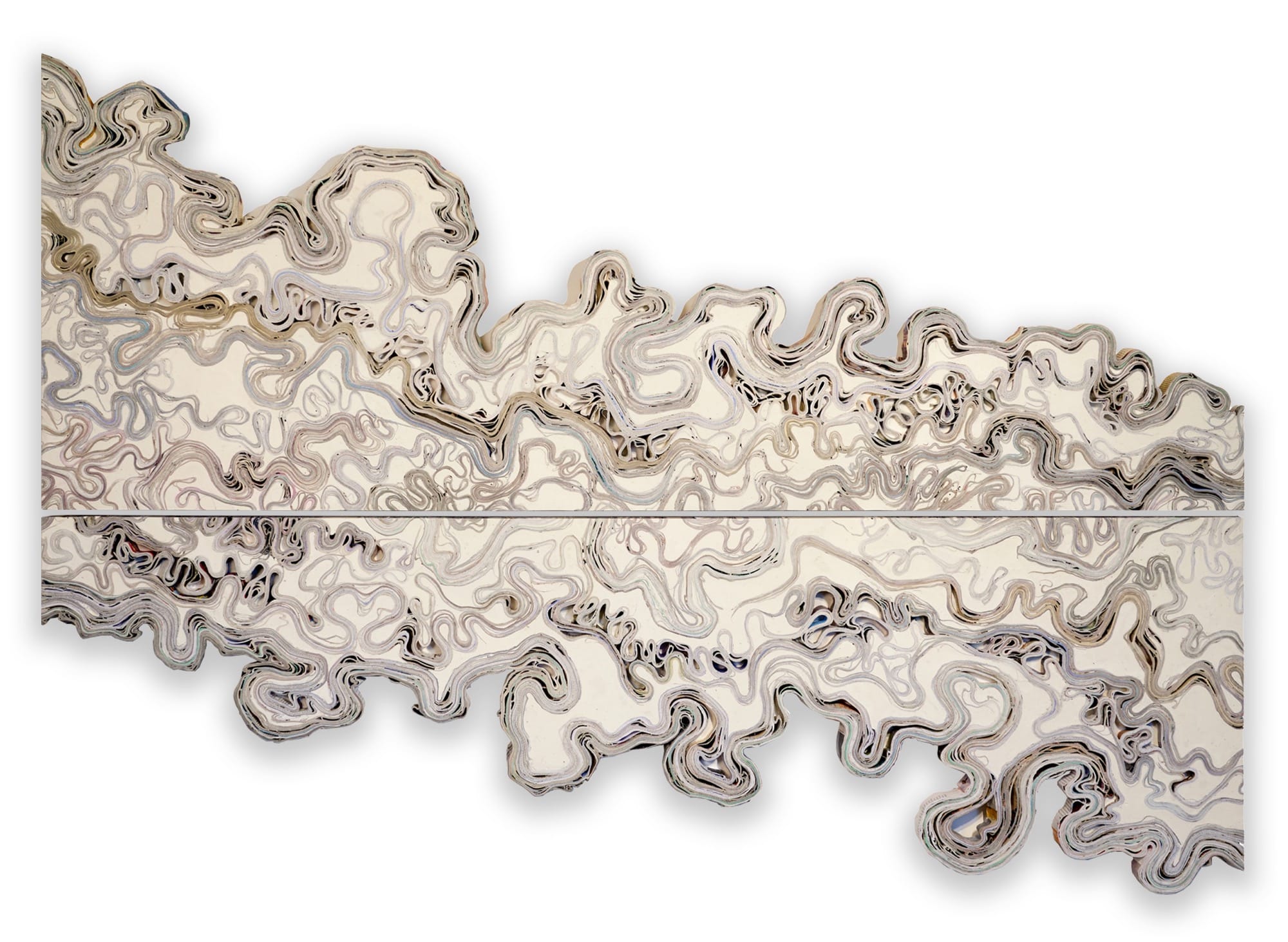 an abstract wall artwork by Jessica Drenk using repurposed junk mail in curving forms