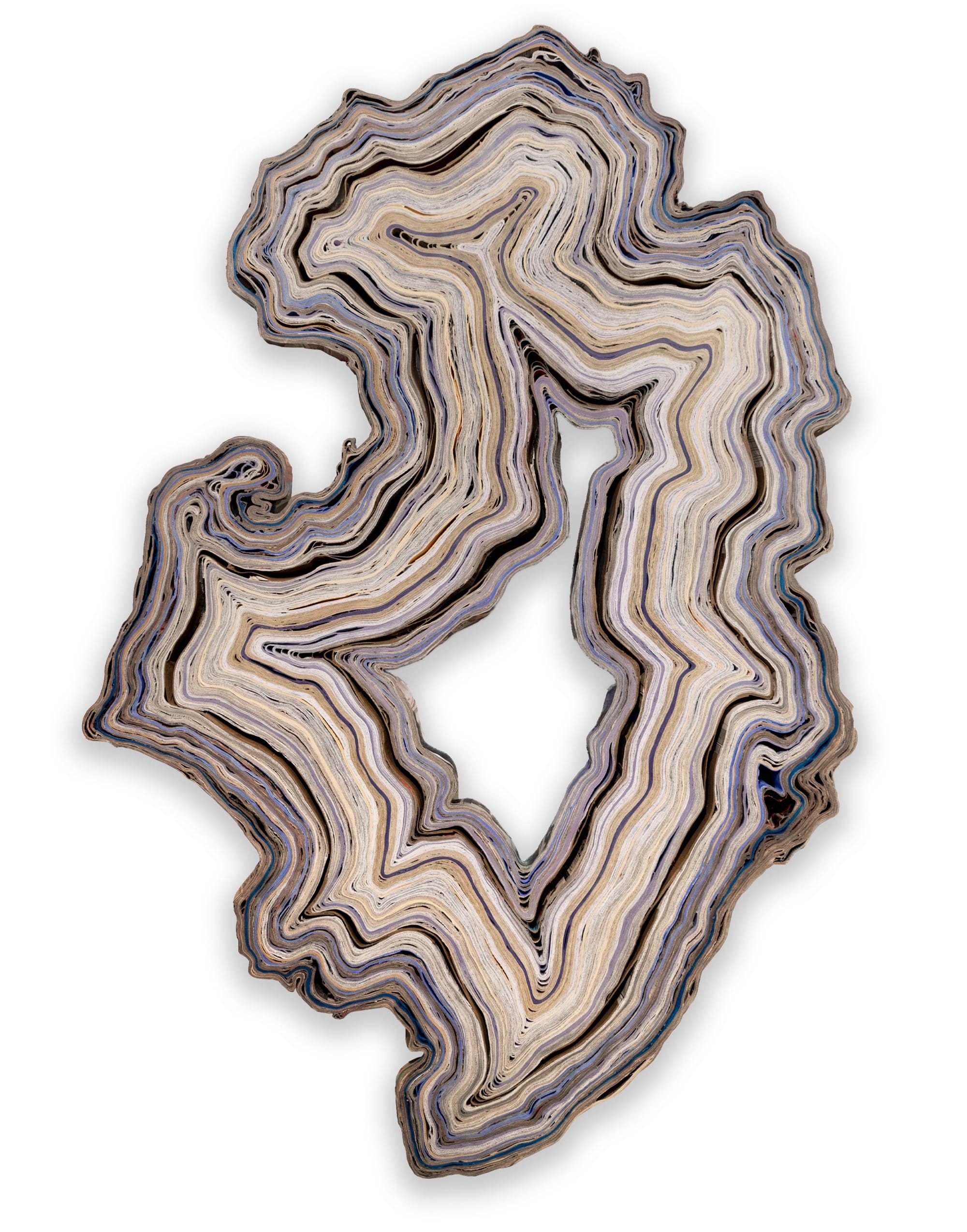an abstract wall artwork by Jessica Drenk using repurposed junk mail in curving forms that loosely resemble an agate