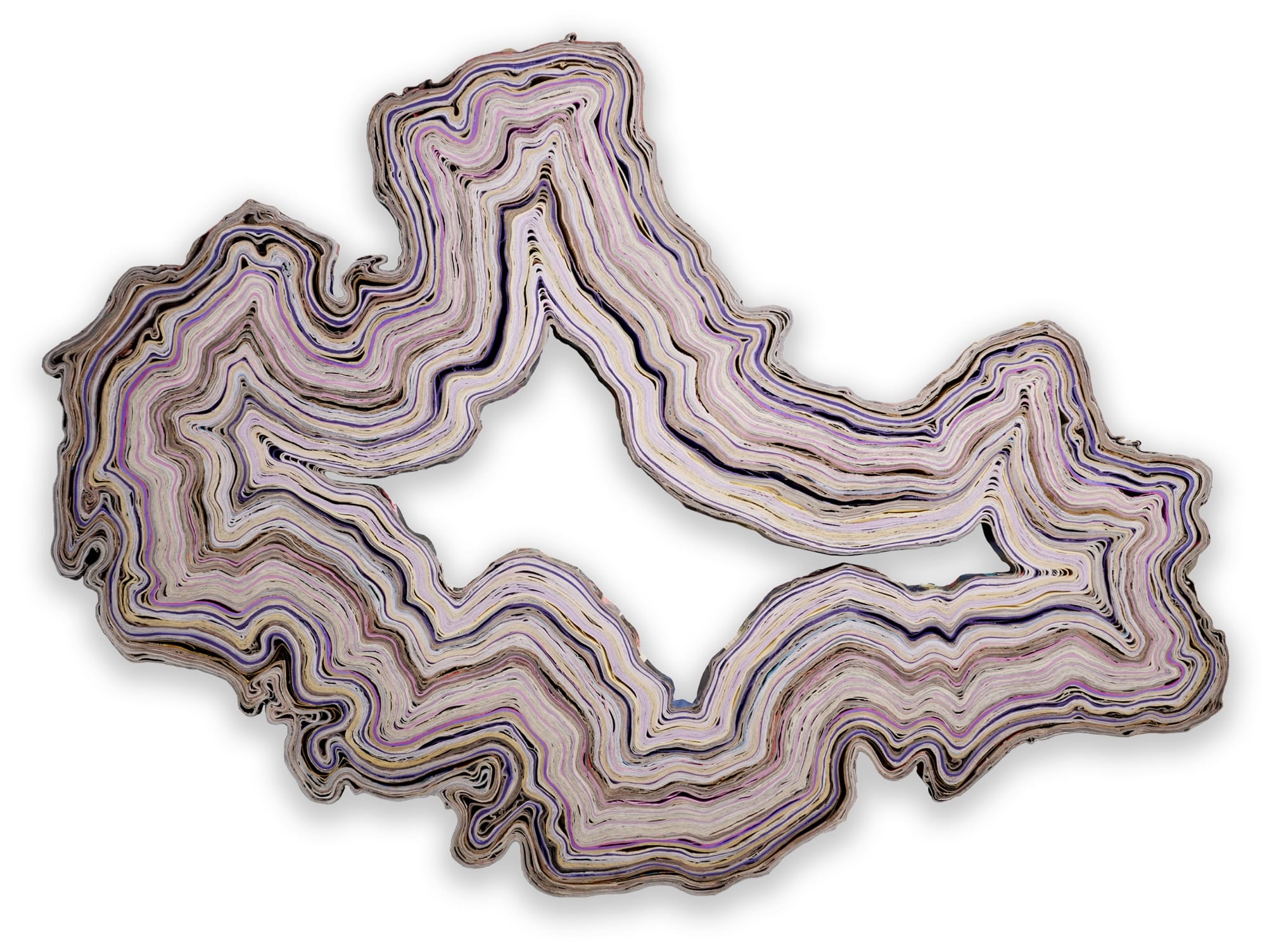 an abstract wall artwork by Jessica Drenk using repurposed junk mail in curving forms that loosely resemble an agate
