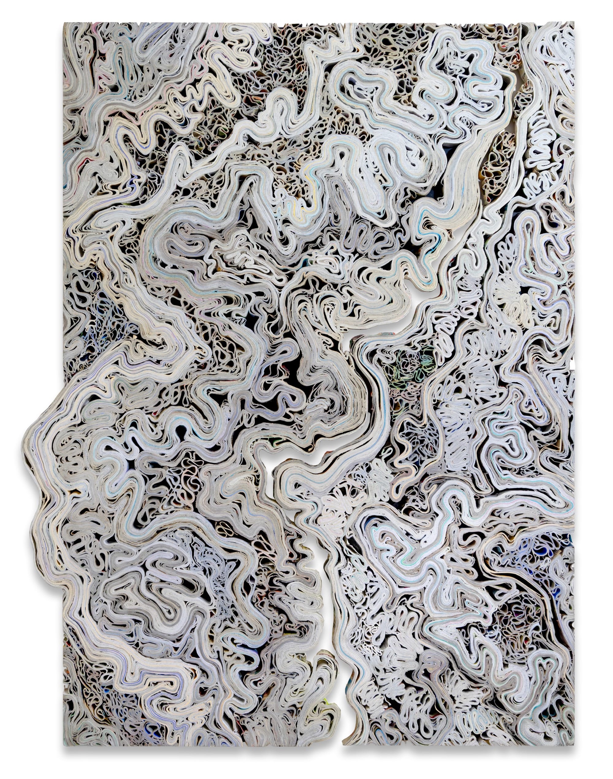 an abstract wall artwork by Jessica Drenk using repurposed junk mail in curving forms