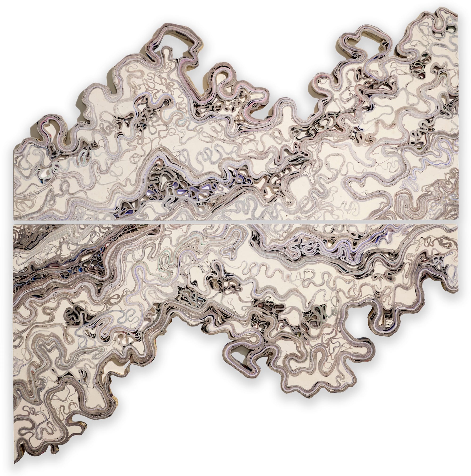 an abstract wall artwork by Jessica Drenk using repurposed junk mail in curving forms