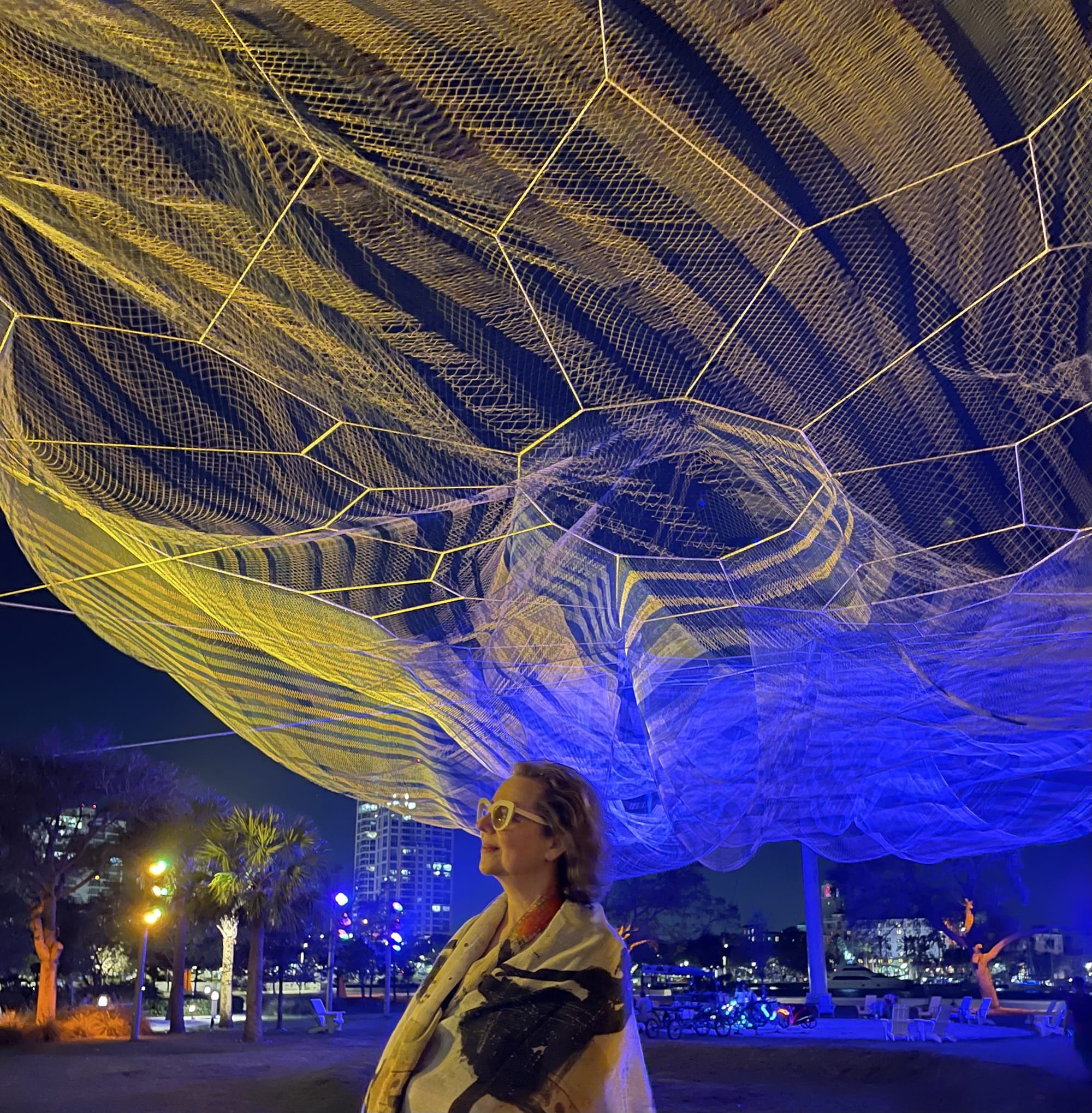 janet echelman stands underneath one of her suspended net sculptures in a night time photo
