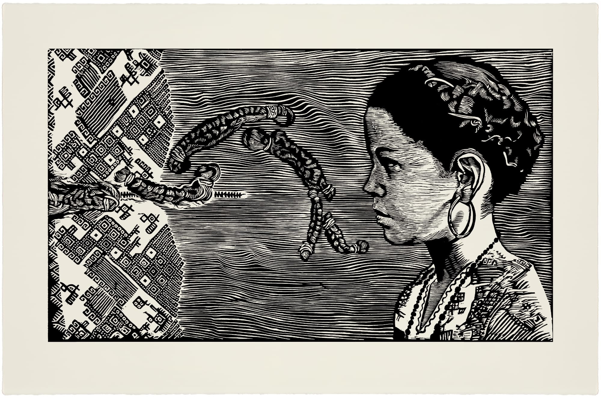 a woodblock print of a snack reaching out toward a child