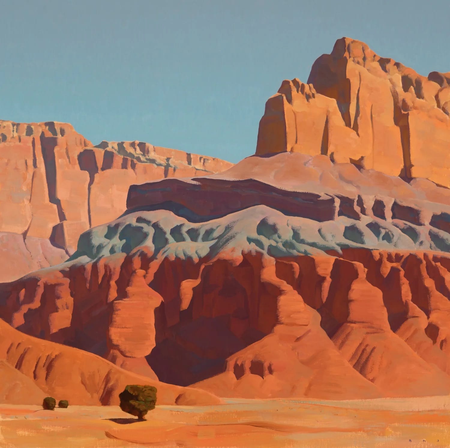 an oil painting by Brett Allen Johnson of banded desert cliffs and buttes