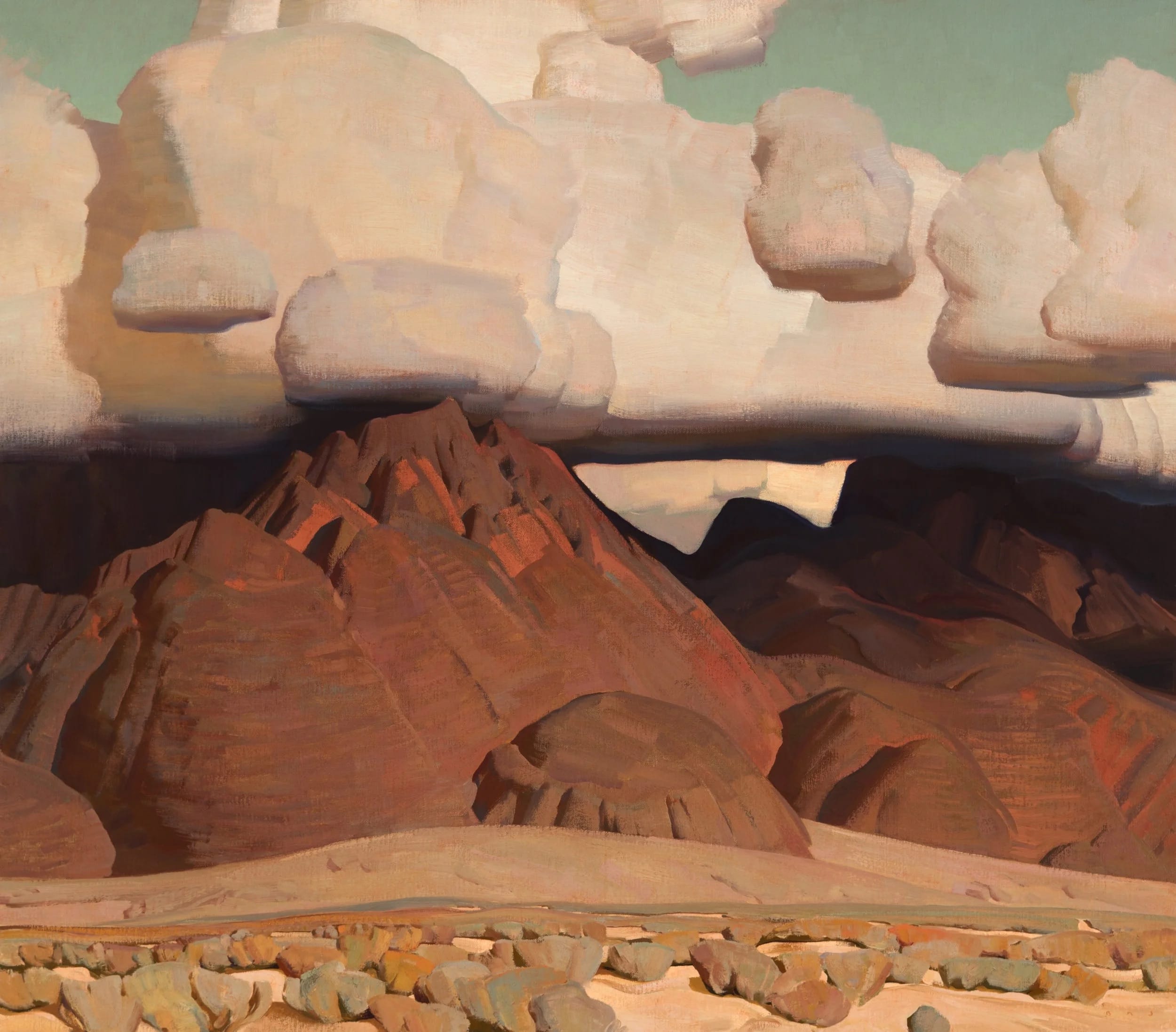 an oil painting by Brett Allen Johnson of a mountainous desert landscape with heavy clouds over the peaks