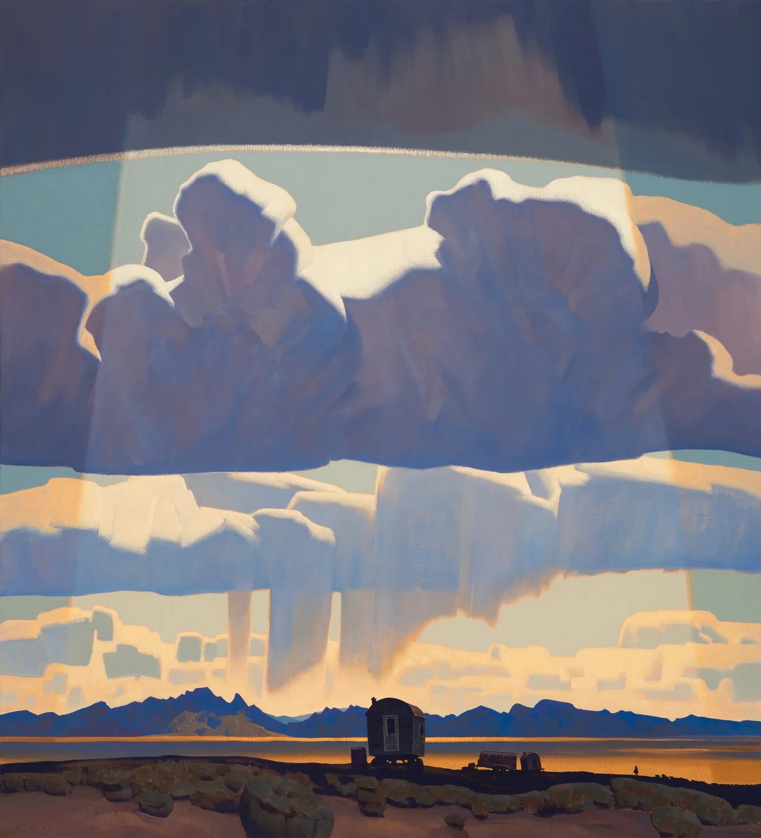 an oil painting by Brett Allen Johnson of clouds and some rain coming down over a vast desert landscape