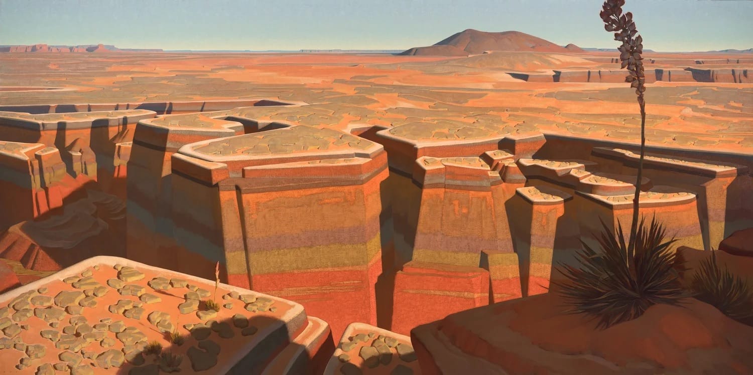 an oil painting by Brett Allen Johnson of a steep red rock canyon