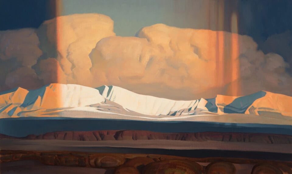 an oil painting by Brett Allen Johnson of rain showers over the Uinta Mountains
