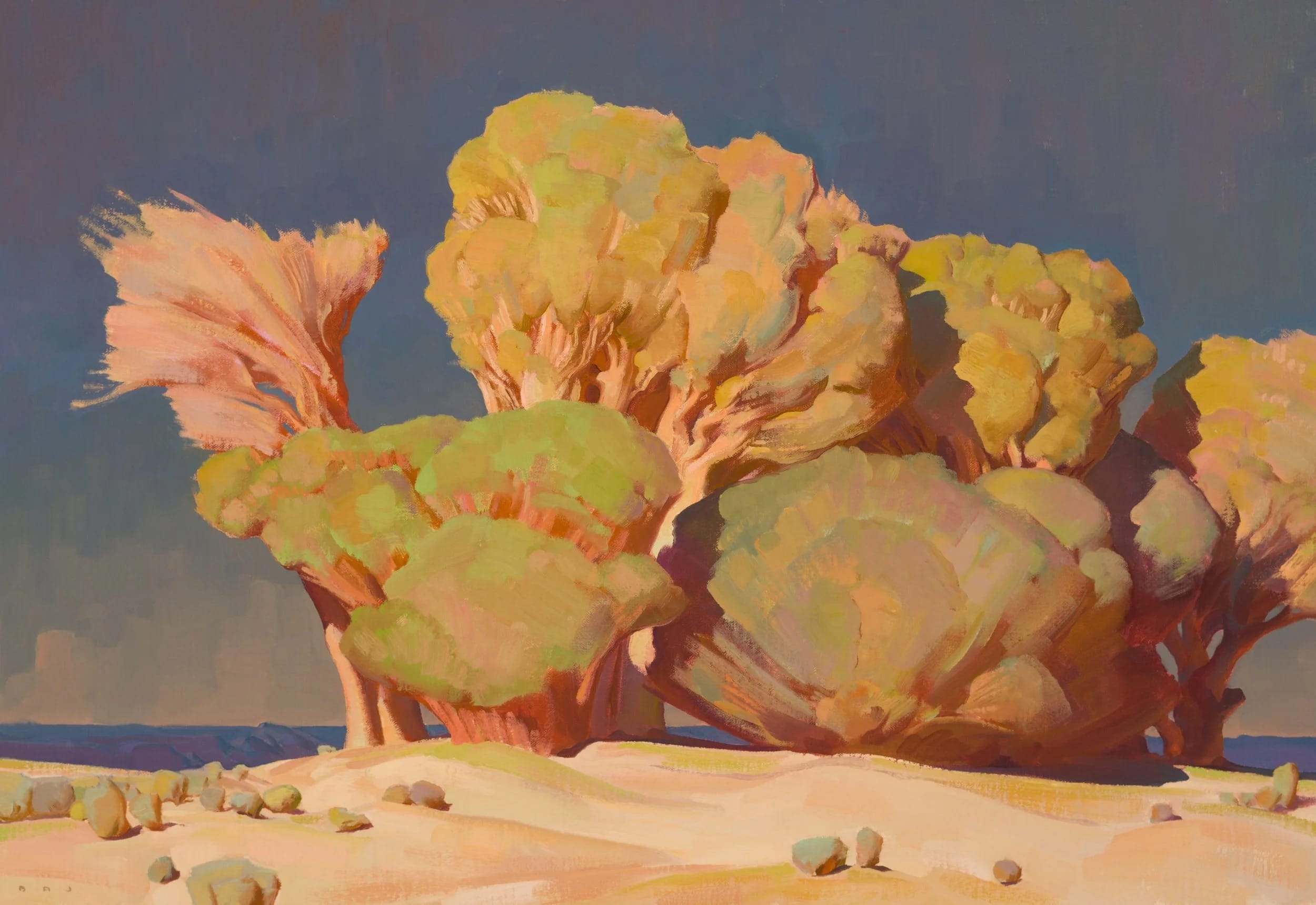an oil painting by Brett Allen Johnson of a stand of cottonwoods in the desert against a dark sky