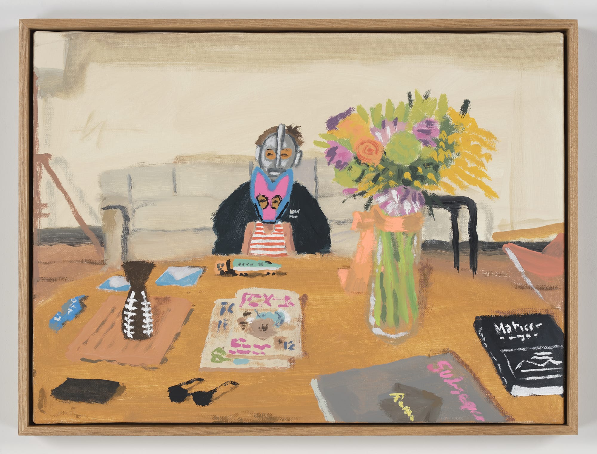 a painting of a child sitting on an adult's lap. both are wearing a mask and there are flowers, books, and drawings on the table in front of them