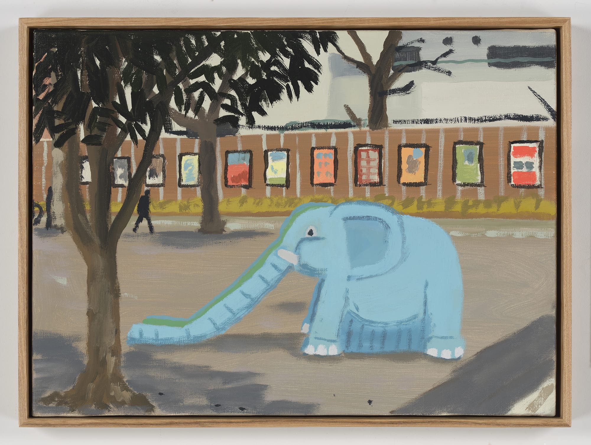 a painting of a slide shaped like a blue elephant