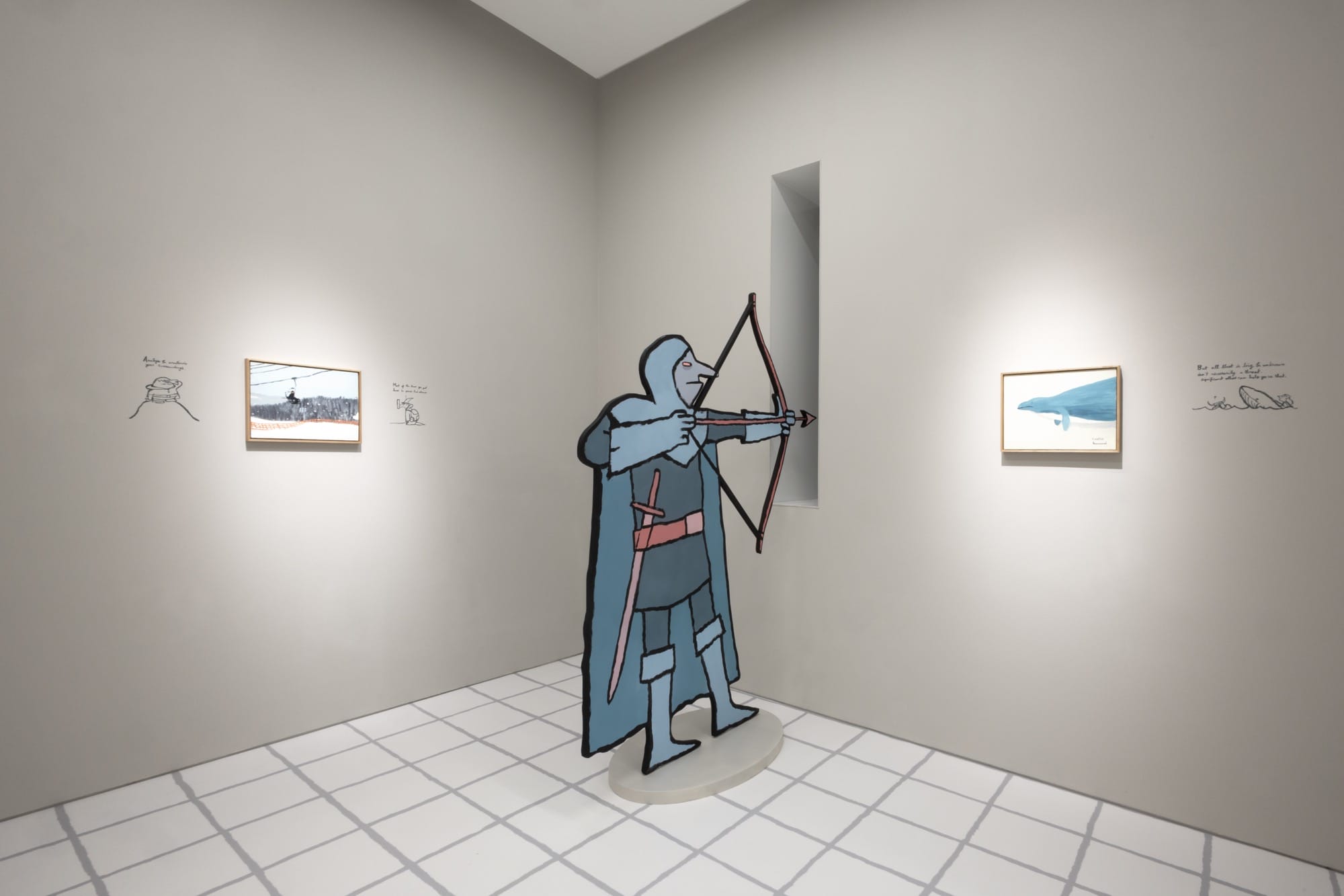 a blue drawn knight shoots an arrow into a thin, vertical window in a gallery wall