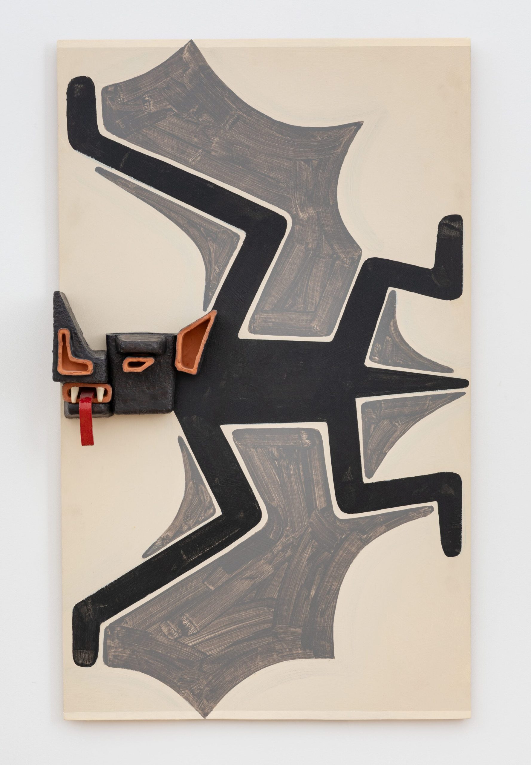 a wall relief painting by Steve Keister of a blocky, cartoonish, sideways bat