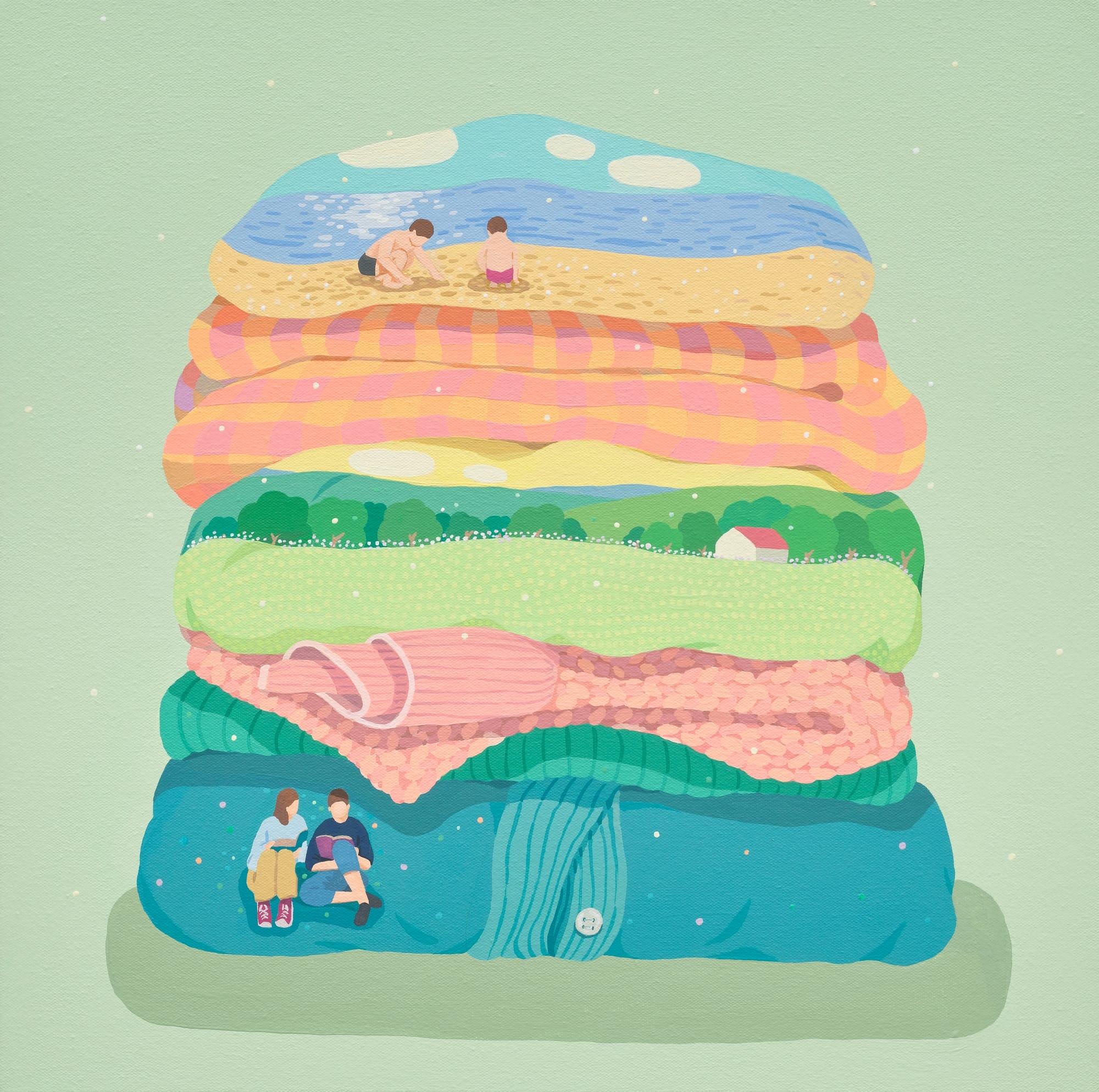 a pile of laundry with small vignettes of people throughout