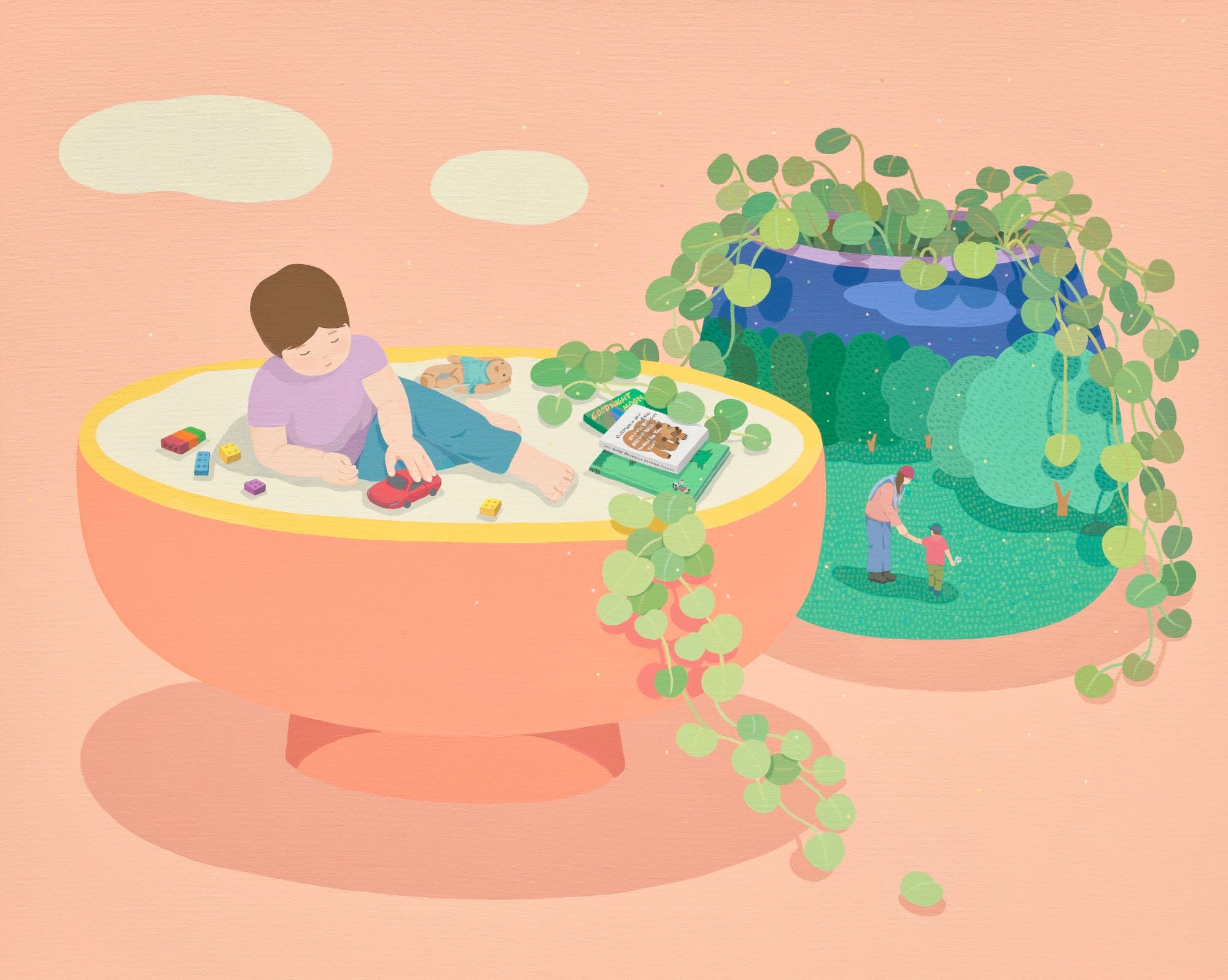 a painting of a pink vessel with a child playing on the top and a green planter with a parent and their child painted on the front