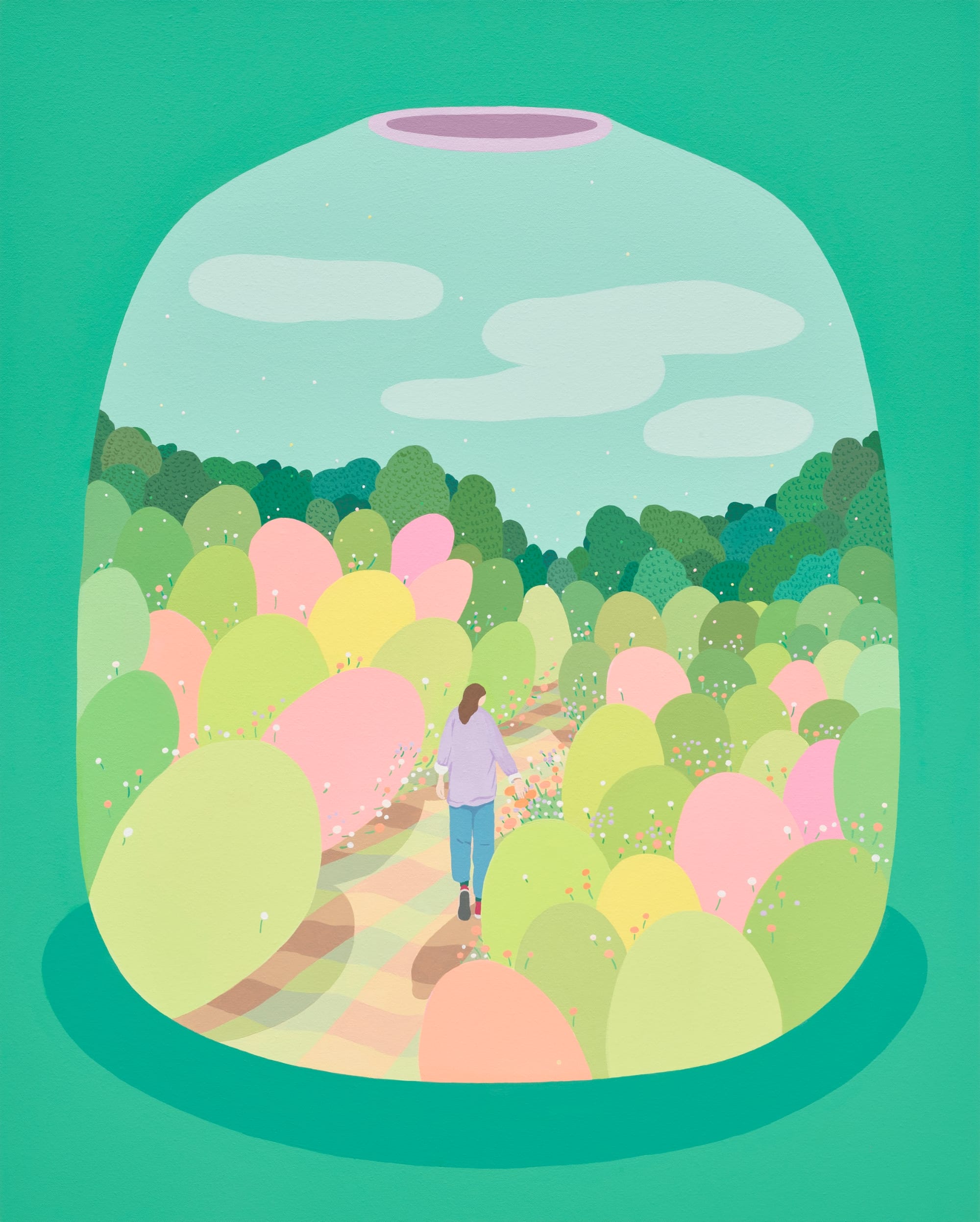 a vessel painting with a person walking through a colorful meadow