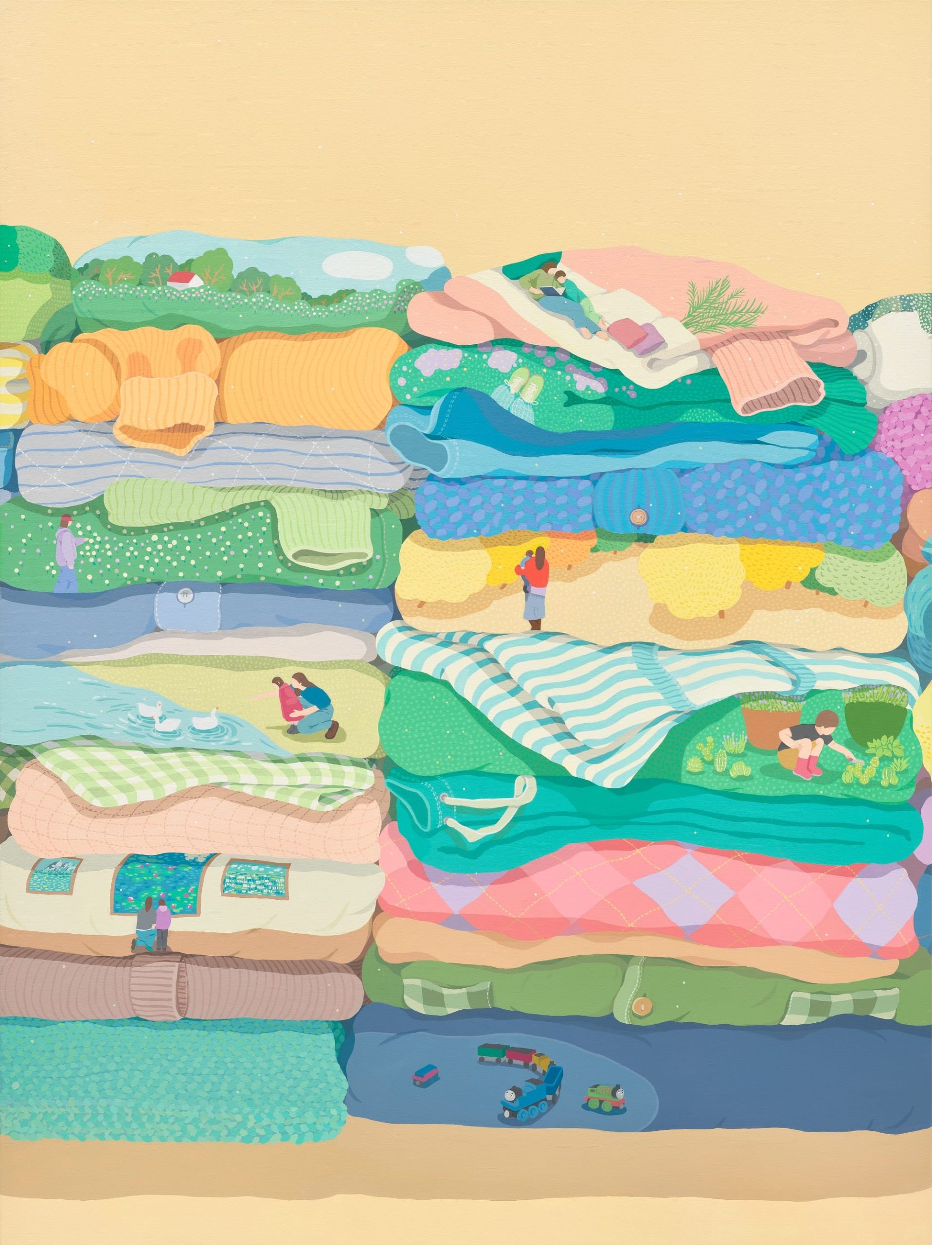 detail of a multi-panel work with piles of laundry and tiny vignettes within the stacks