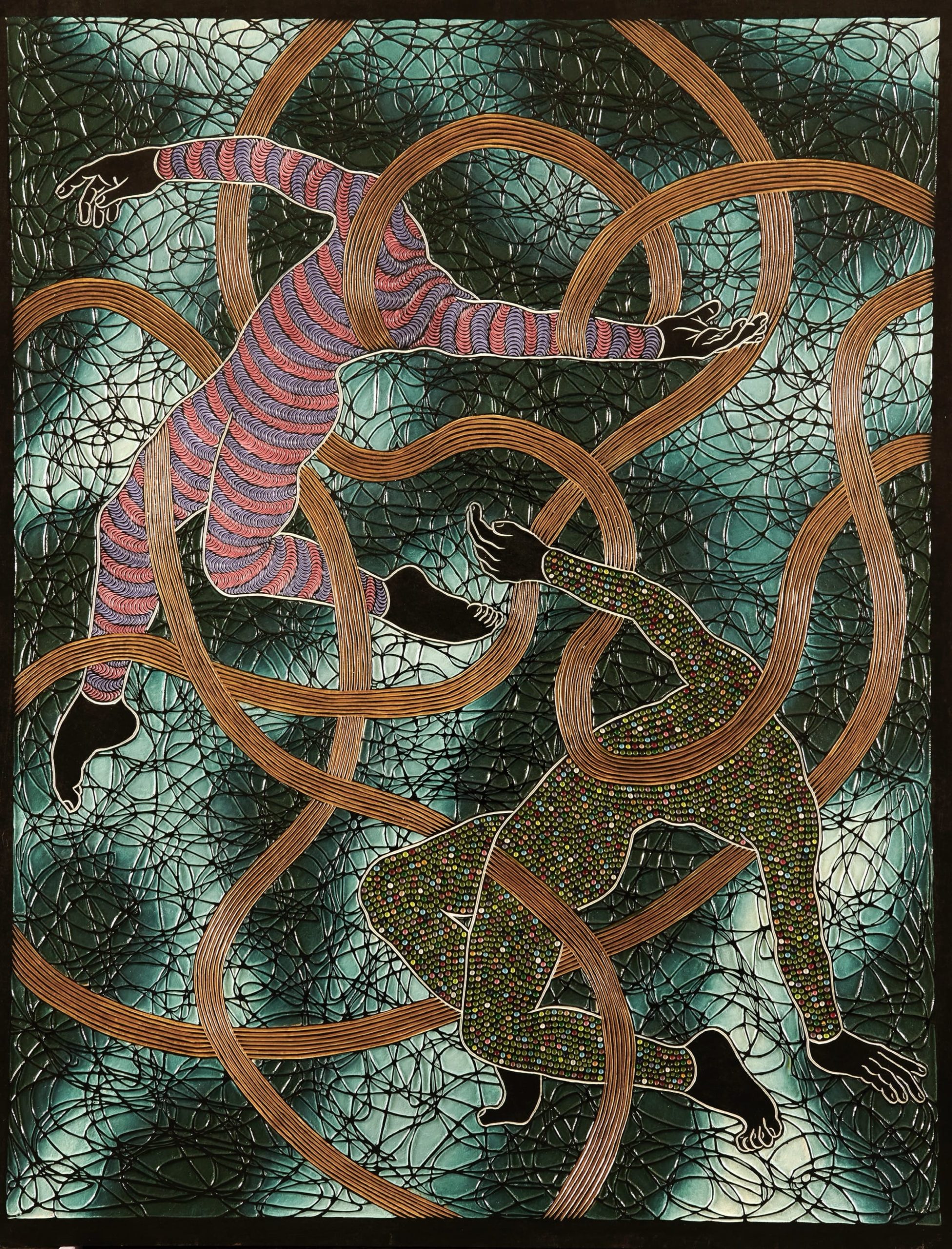 An abstract painting carved from wood with geometric patterns and two headless figures.