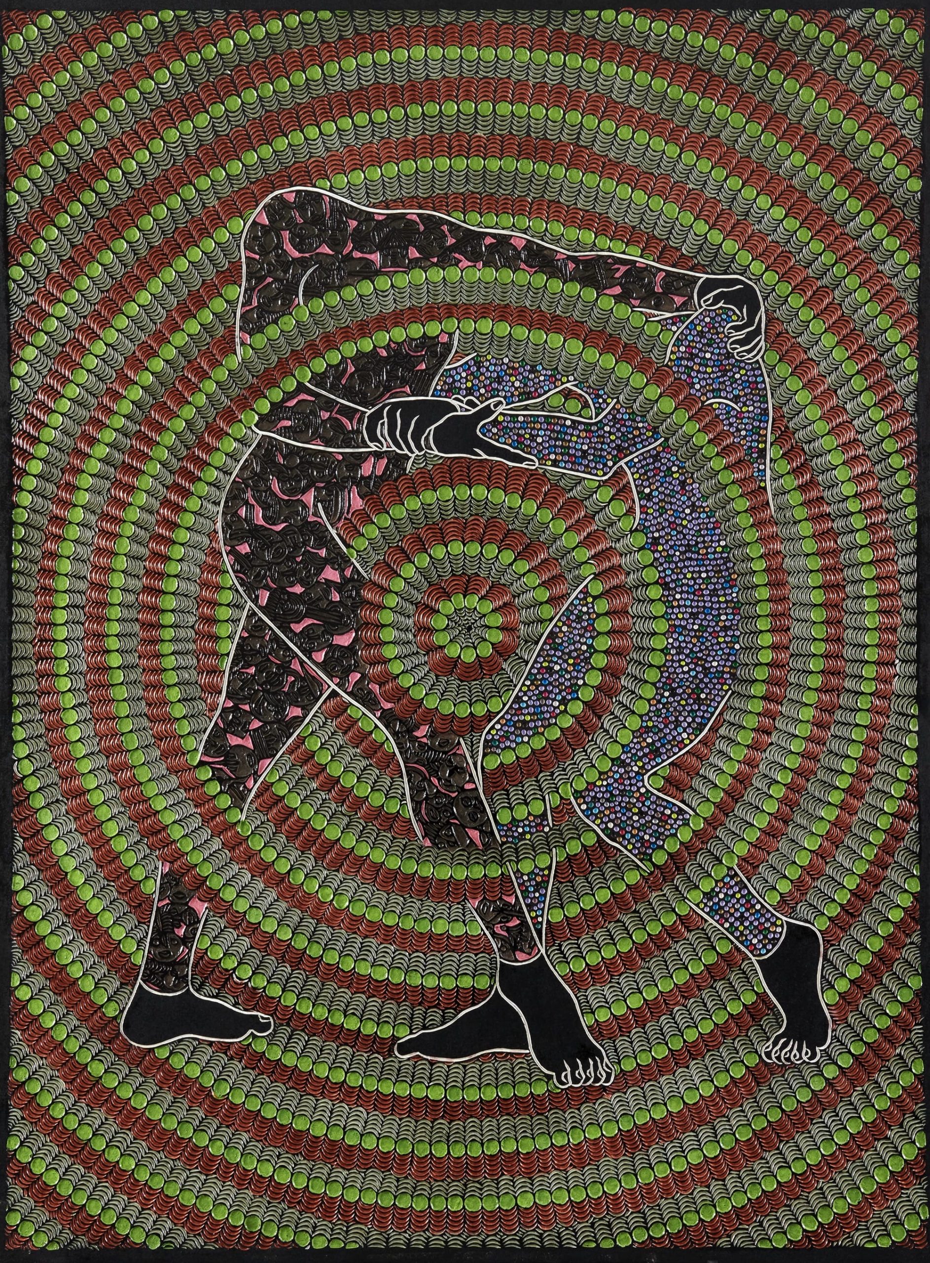 An abstract painting carved from wood with geometric patterns and two headless figures.