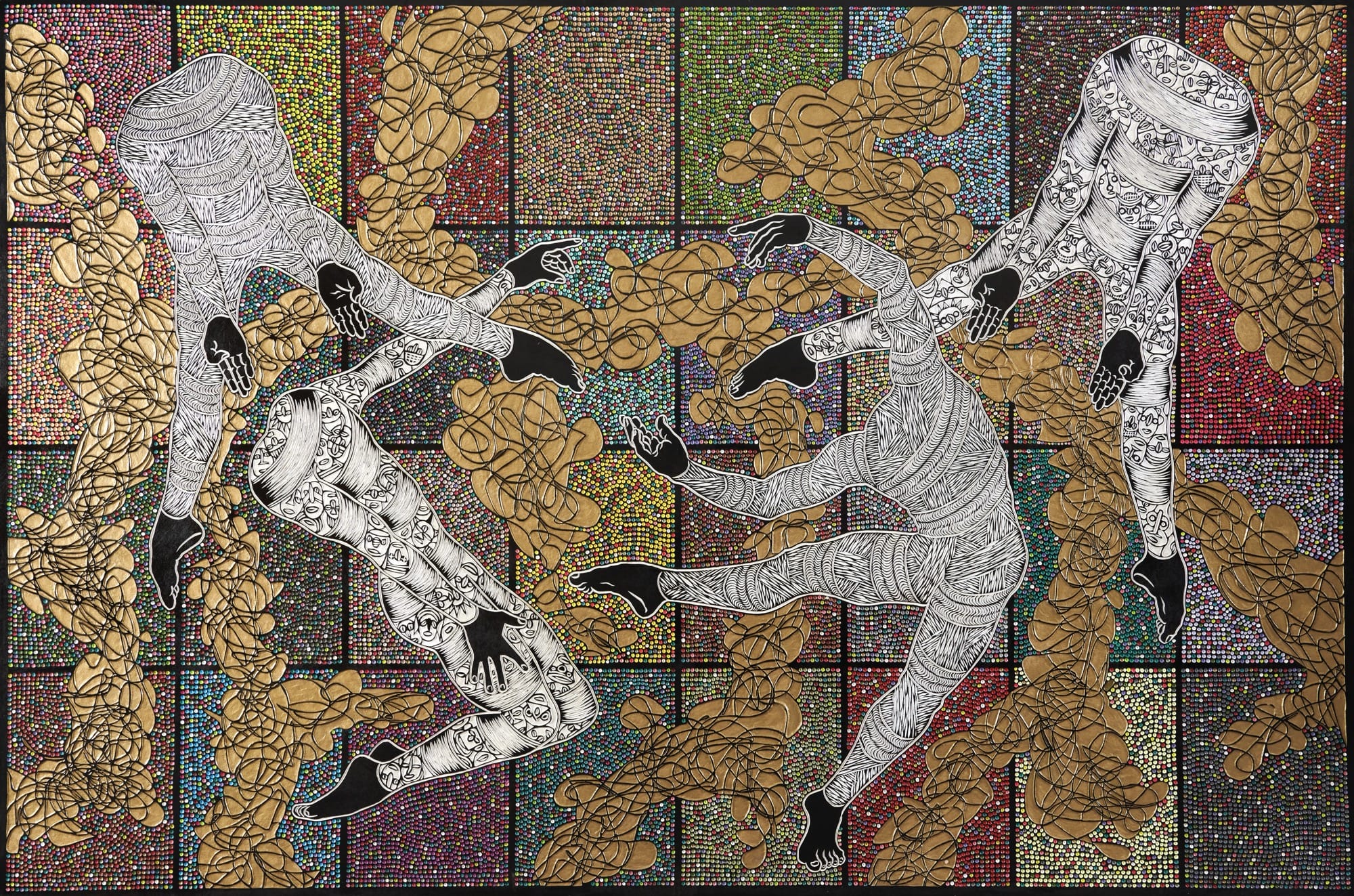 An abstract painting carved from wood with geometric patterns and four headless figures.