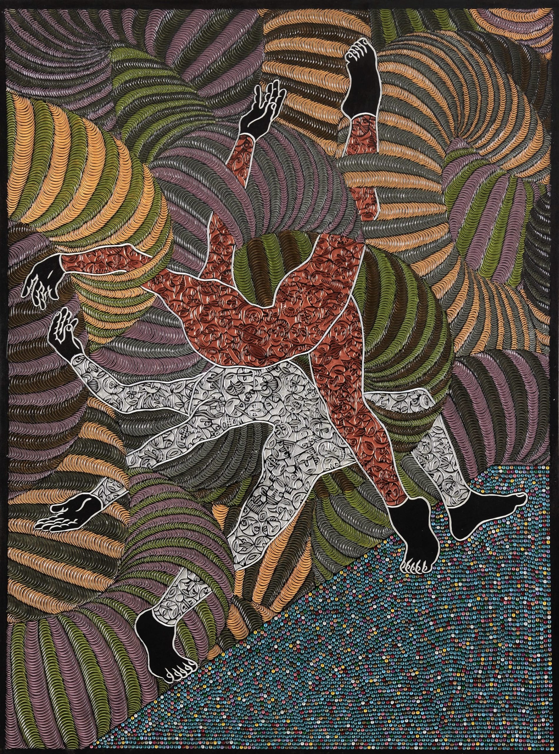 An abstract painting carved from wood with geometric patterns and two headless figures.