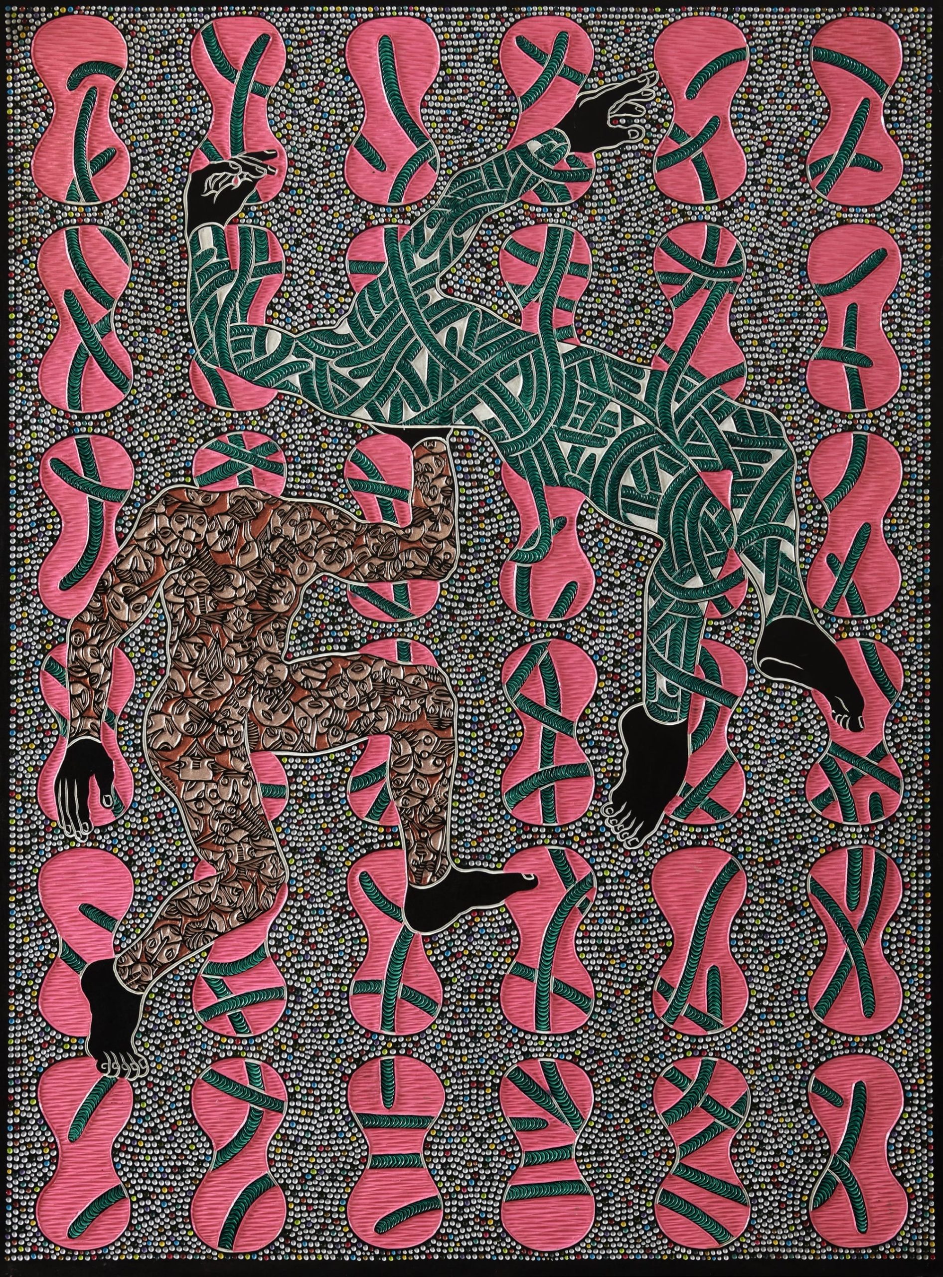 An abstract painting carved from wood with geometric patterns and two headless figures.