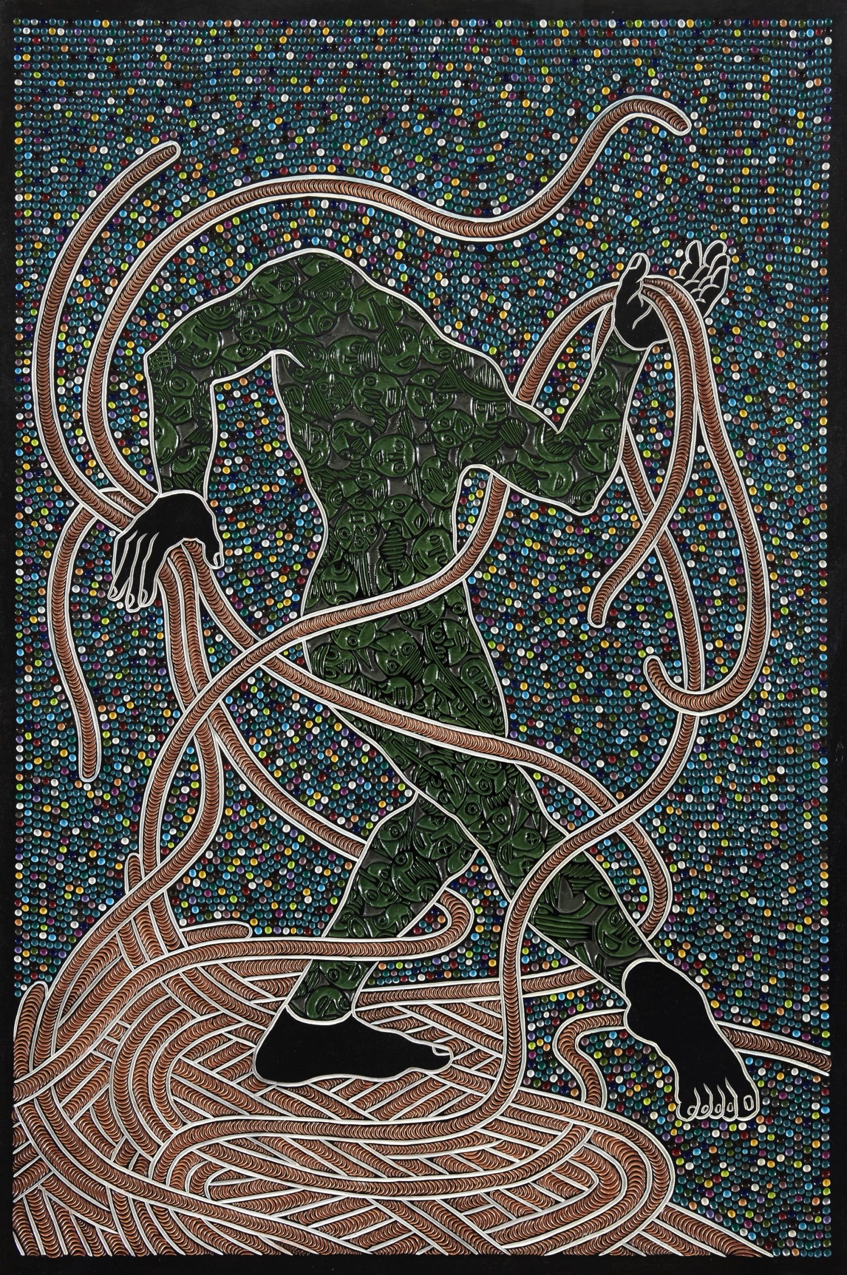An abstract painting carved from wood with geometric patterns and a headless figure.