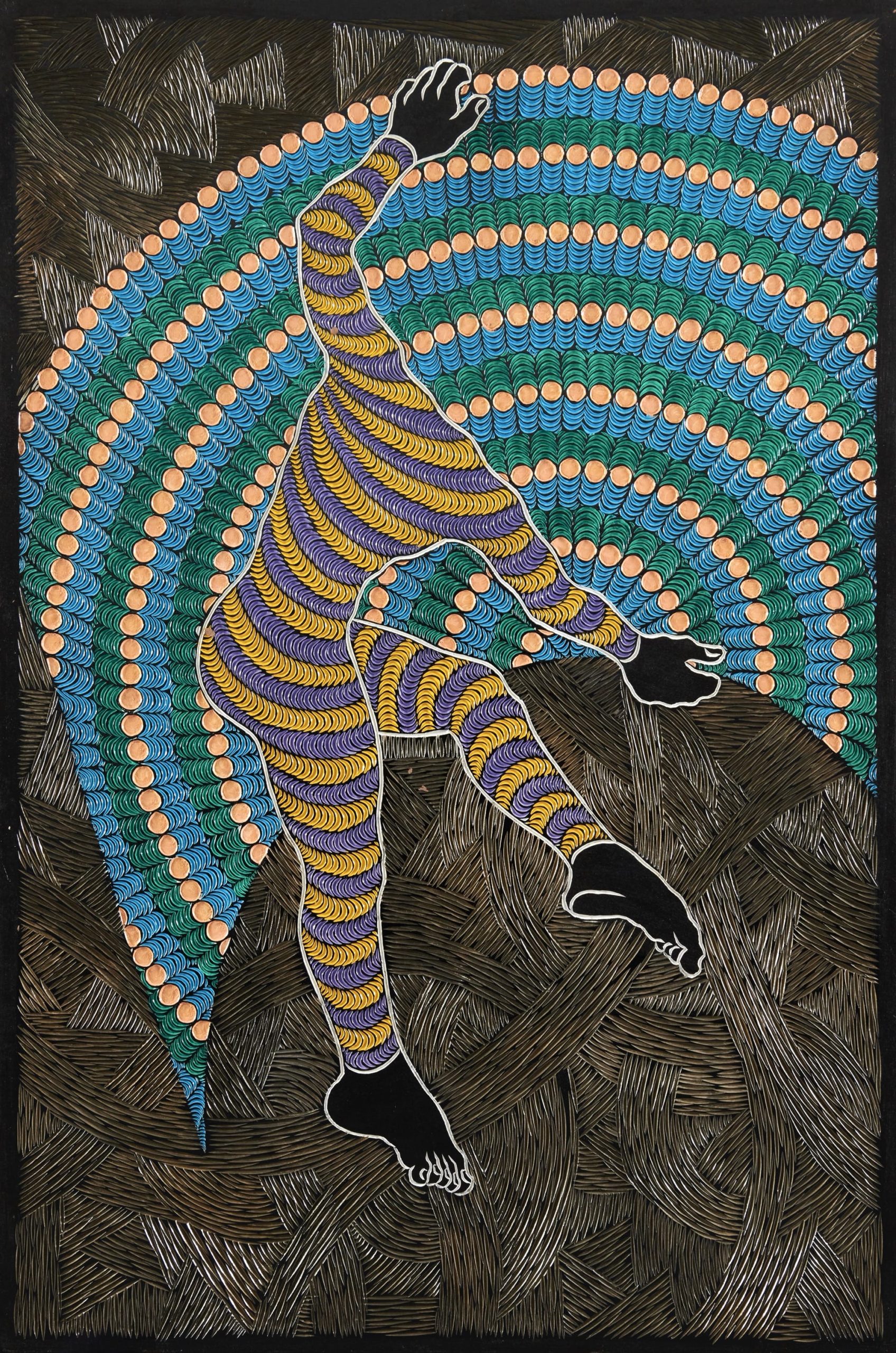 An abstract painting carved from wood with geometric patterns and a headless figure.