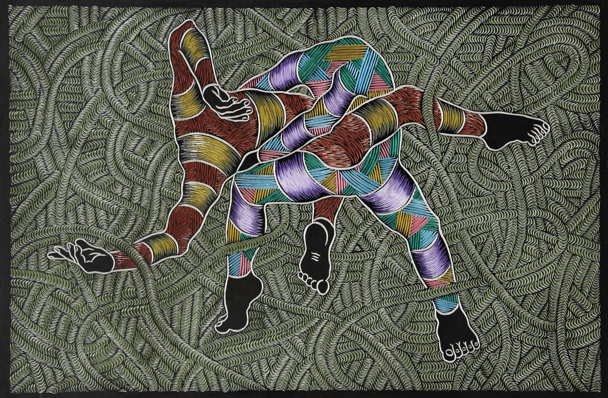 An abstract painting carved from wood with geometric patterns and two headless figures.