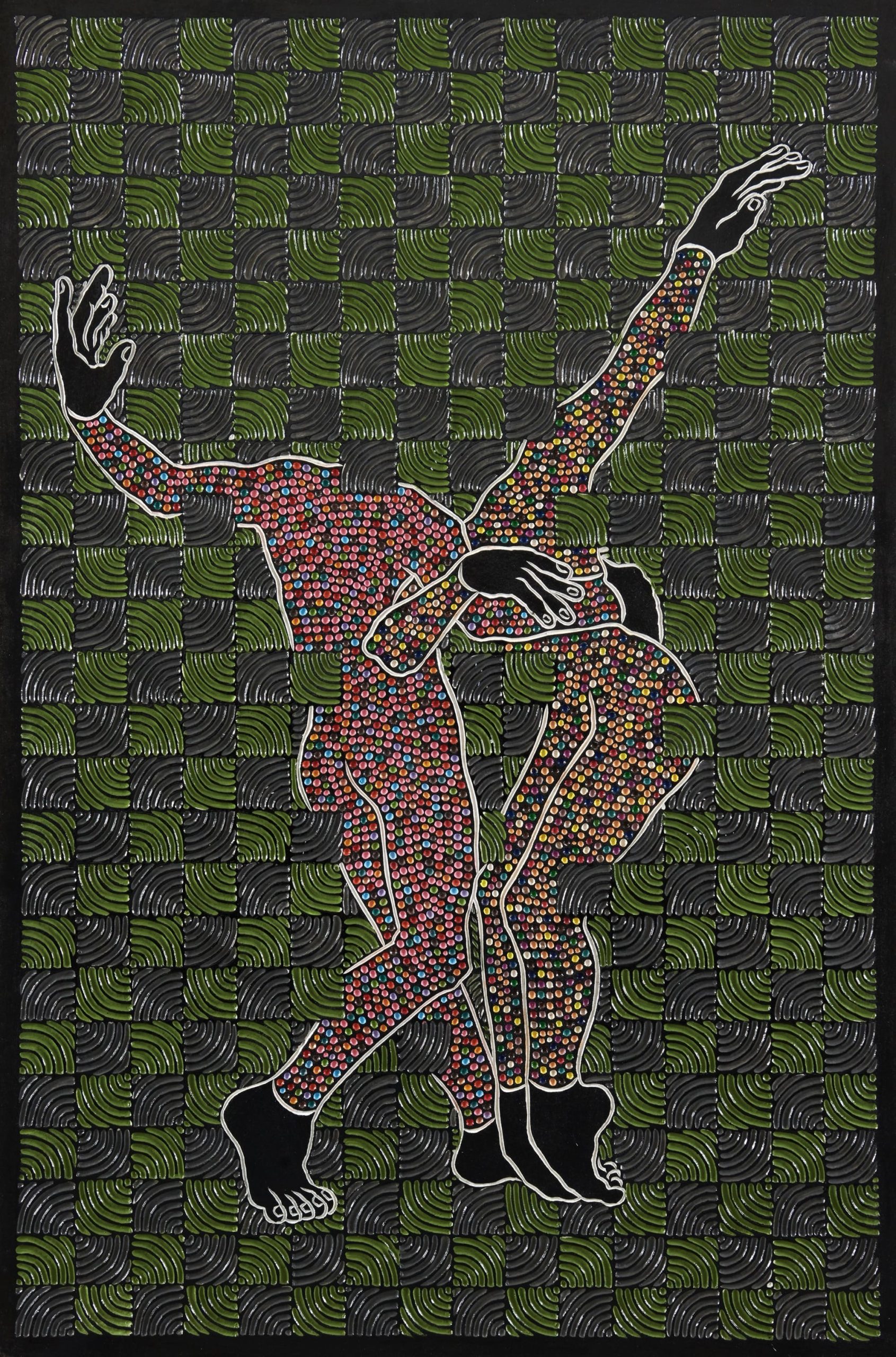 An abstract painting carved from wood with geometric patterns and two headless figures.