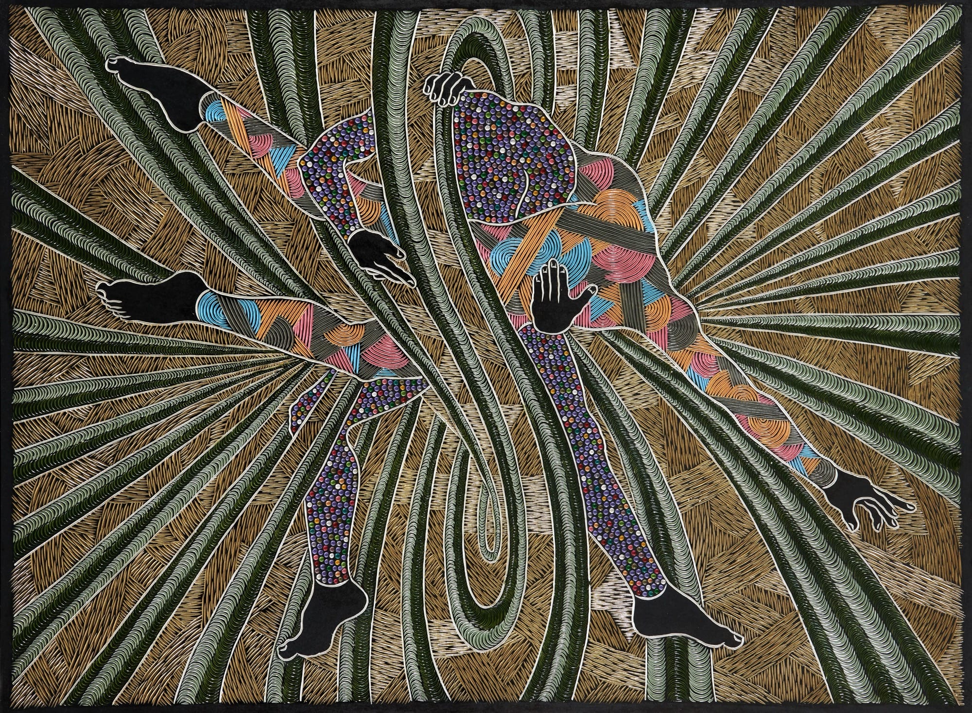 An abstract painting carved from wood with geometric patterns and two headless figures.
