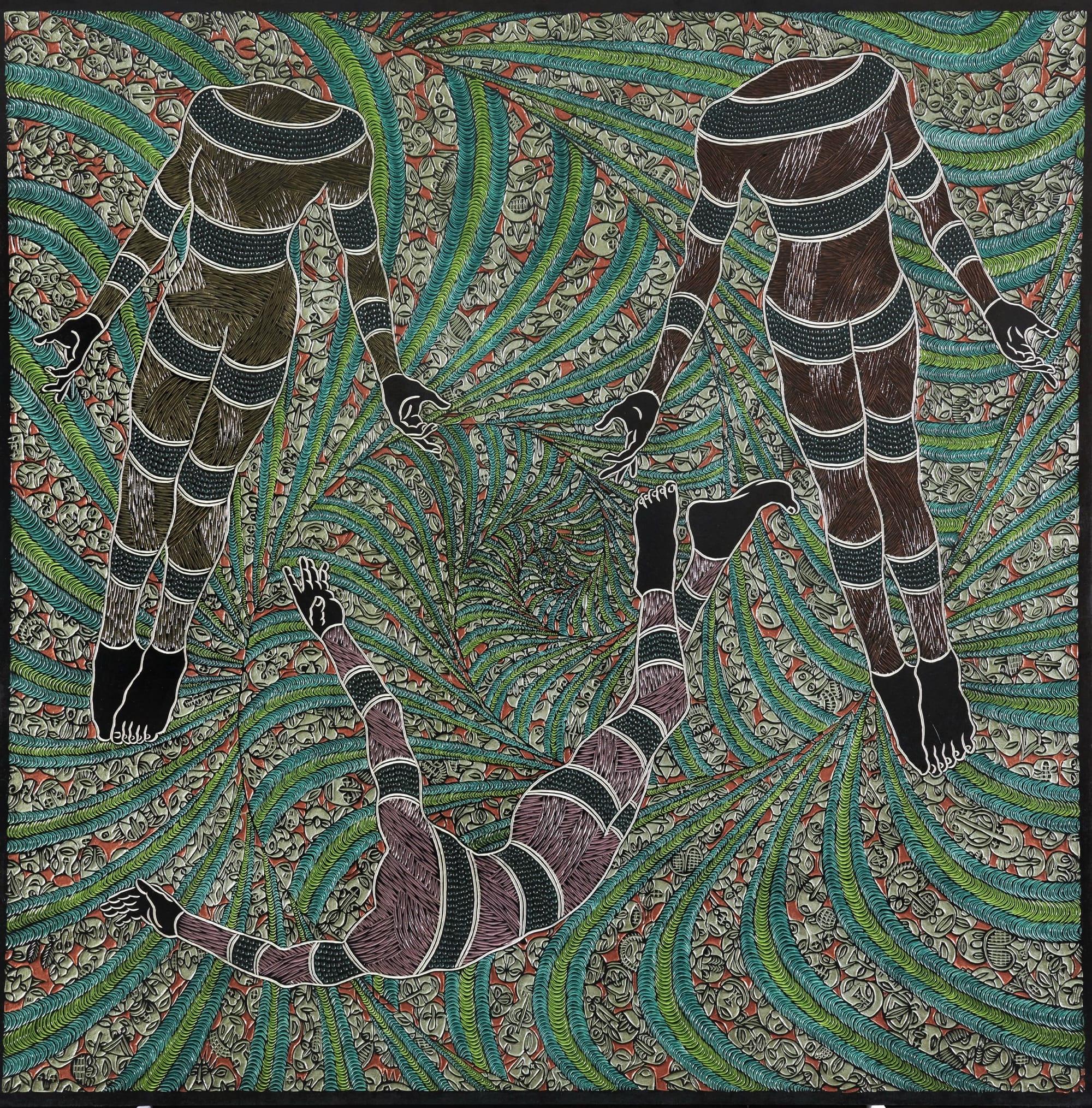 An abstract painting carved from wood with geometric patterns and three headless figures.