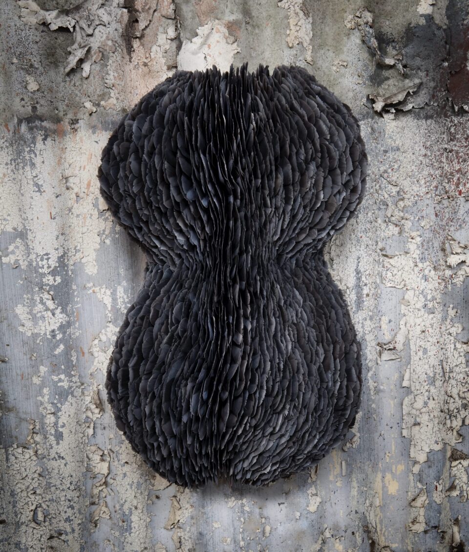 a wall sculpture of black, undulating feathers